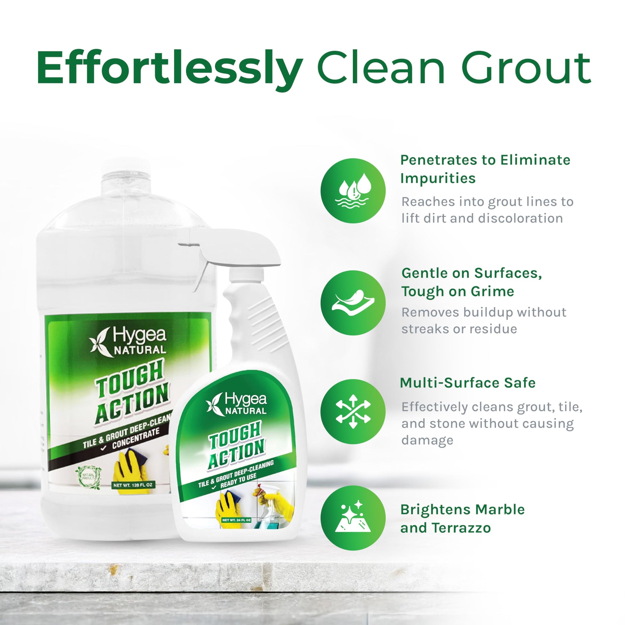 Hygea Natural Tough Action Tile & Grout Cleaner Duo - Deep Cleans Dirt & Scum, Conditions & Enhances Stone Color - Acid-Free & Residue-Free