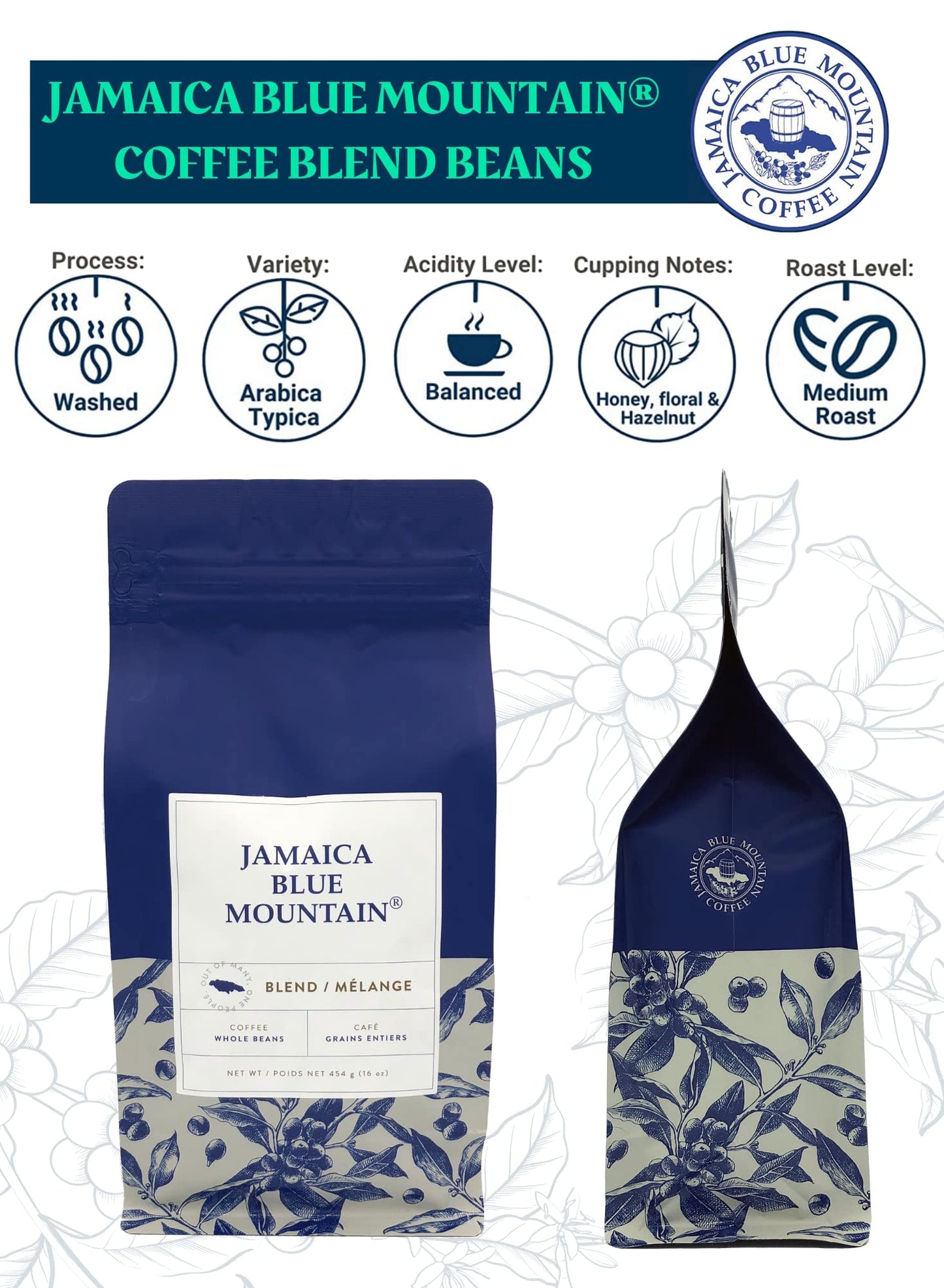 JA Coffee - Jamaica Blue Mountain Caribbean Coffee Blend, Medium Roast, Whole Beans - Premium Arabica, Bag of 454 Grams (1 Pound, 16 Ounces)
