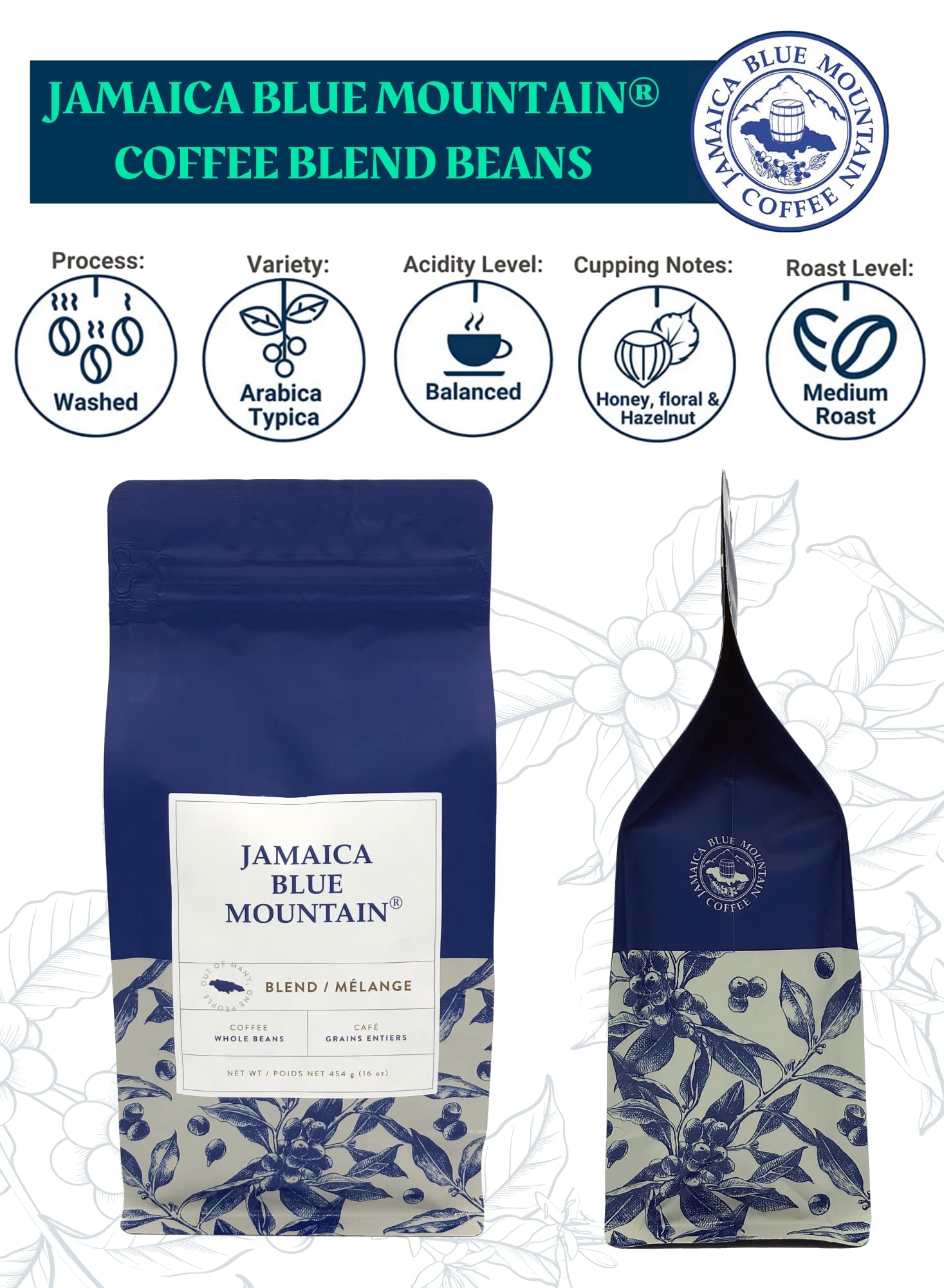 JA Coffee - Jamaica Blue Mountain Caribbean Coffee Blend, Medium Roast, Whole Beans - Premium Arabica, Bag of 454 Grams (1 Pound, 16 Ounces)