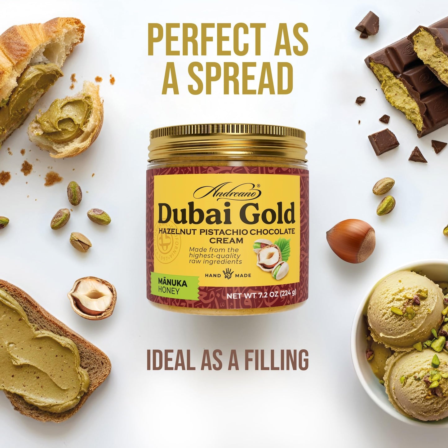 ANDREANO Dubai Gold Chocolate Hazelnut Pistachio Cream with Manuka Honey - Crispy Kataifi Spread - Gourmet Dessert Filling & Chocolate Treat - 7.2 oz
