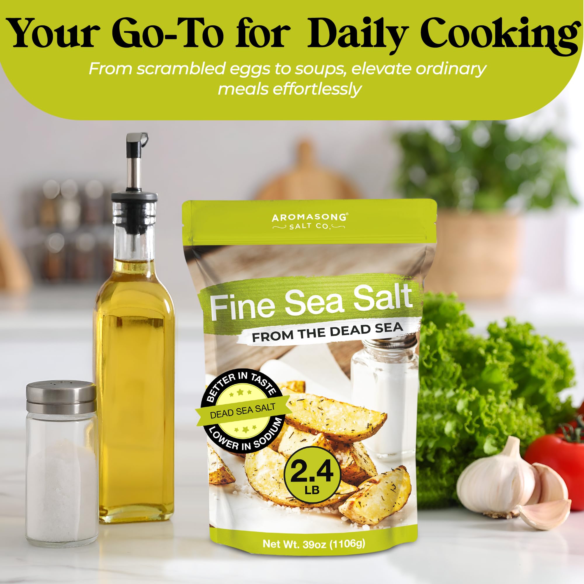 Aromasong 100% Natural Sea Salt From the Dead Sea, Fine Grain Table Salt, Large Bulk 2.43 Lb Resealable Bag, 100% Pure & Natural, Unrefined, Gluten