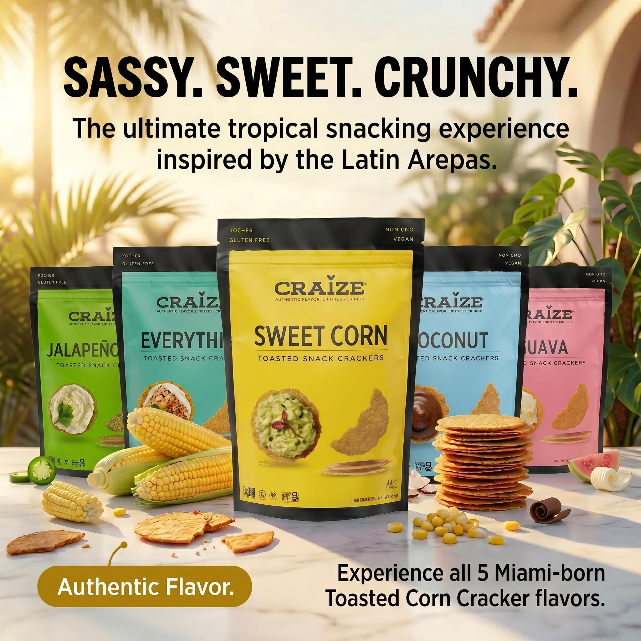 Craize Variety Pack | Sweet Corn x2, Coconut, Guava, Everything, Jalapeno Lime Crisps | Gluten Free, Vegan, Toasted Corn Crackers | 6 pack, 4 oz each