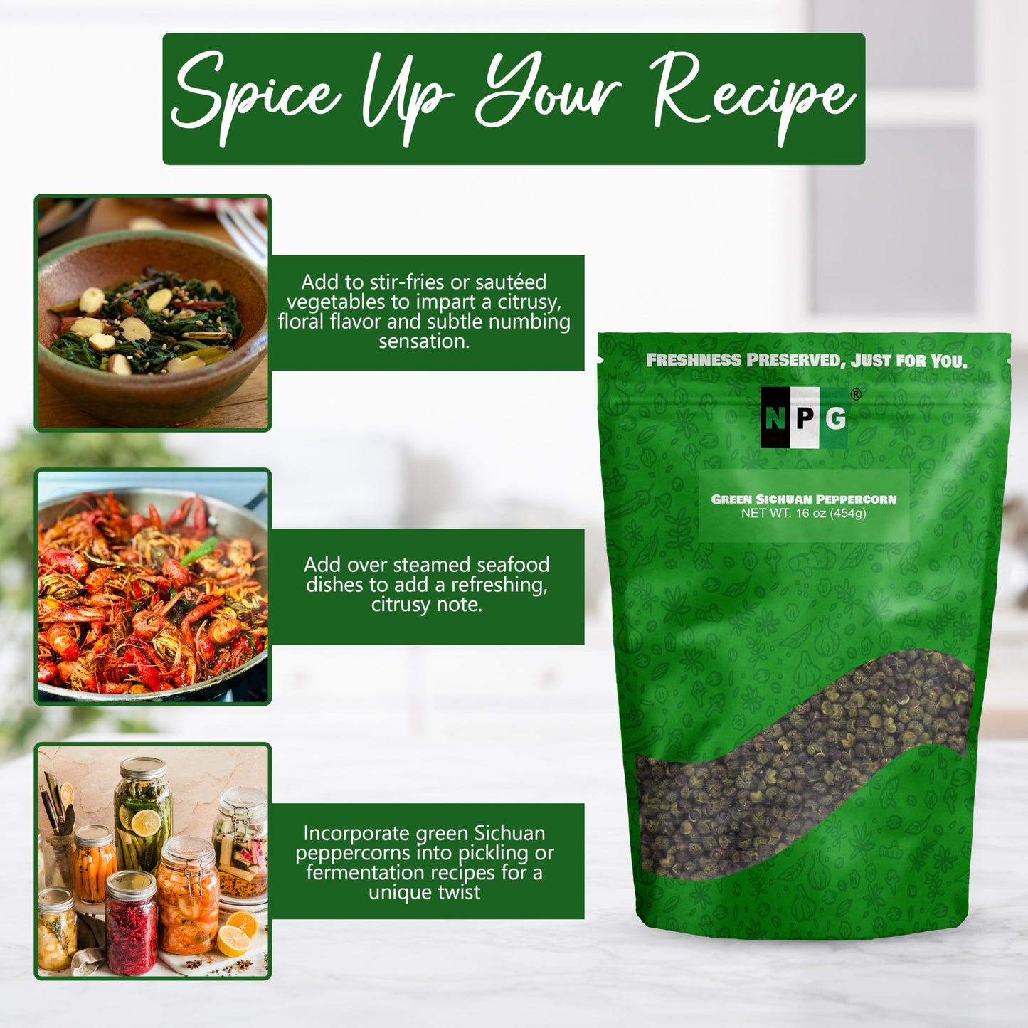 NPG Premium Sichuan Green Peppercorns 16 Oz, Authentic Whole Peppercorns, Mouth-Numbing Spice, Strong Pepper Szechuan Corns Flavor, Essential