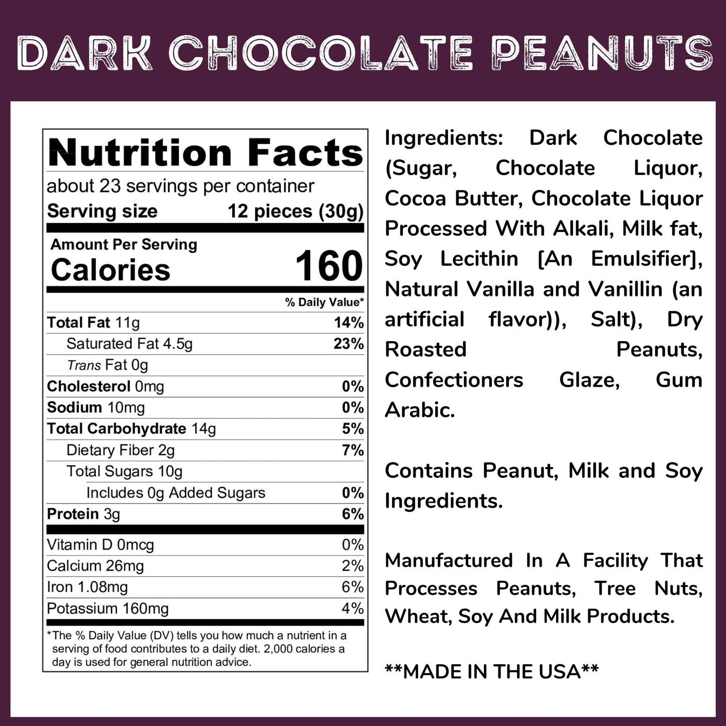 Chocolate Covered Peanuts - 1.25 Lb Tub (Dark Chocolate)