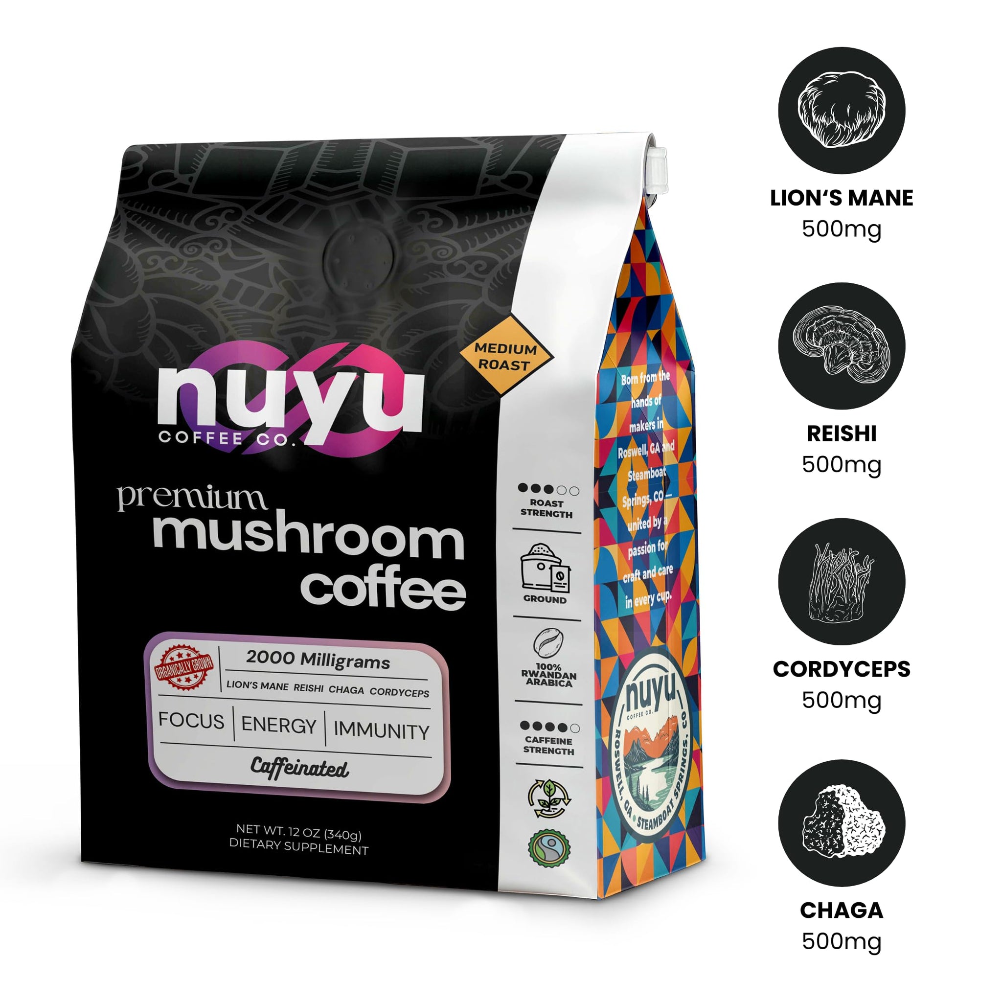 Nuyu Medium Roast Premium Mushroom Coffee, 12 oz, Specialty Ground 100% Arabica, 2000mg Functional Mushrooms, Lion's Mane, Reishi, Chaga, Cordyceps