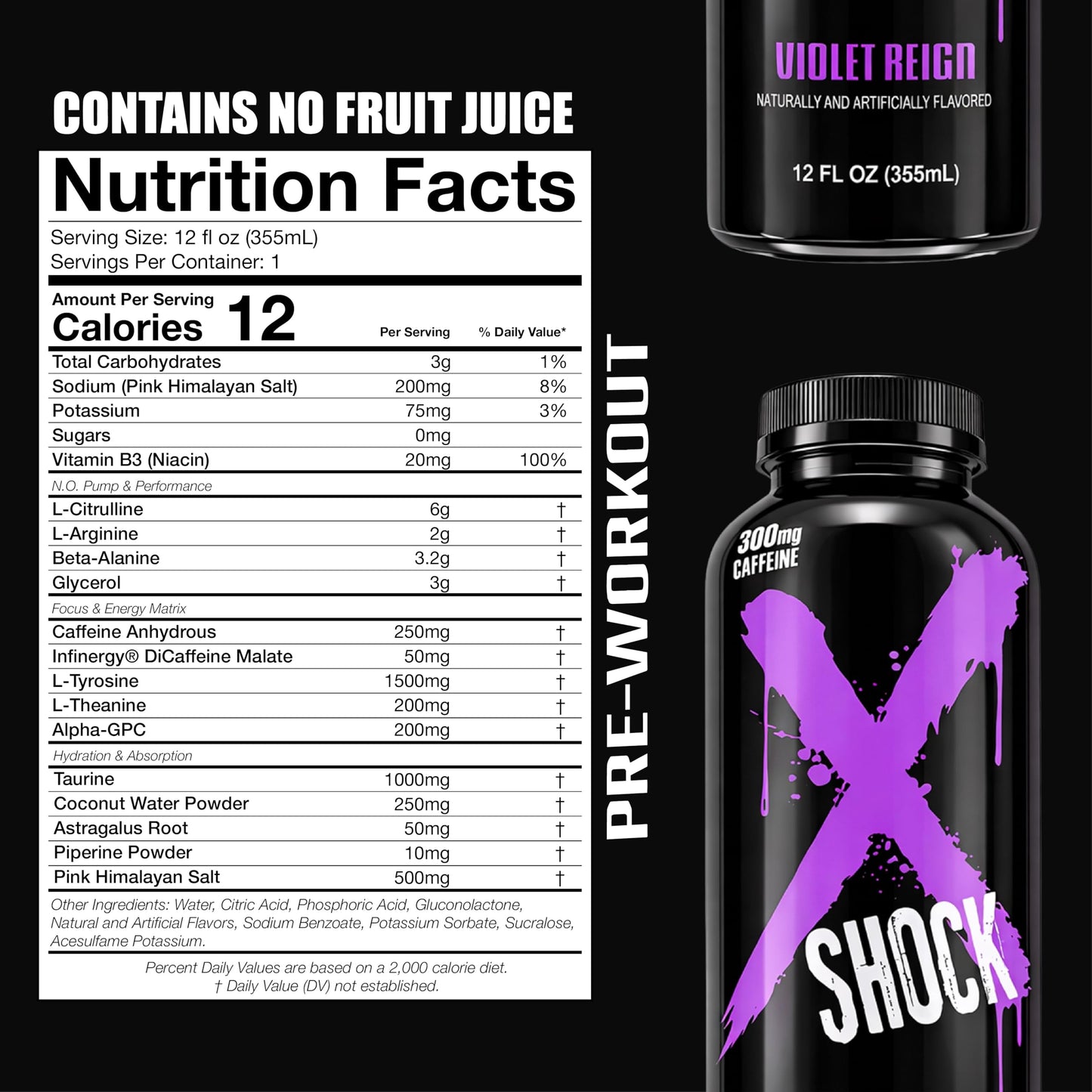 Xtreme Shock XSHOCKLABS RTD Pre-Workout Energy Drink, Violet Reign, Sugar Free, 12 fl oz, Pack of 12 (New Formula)