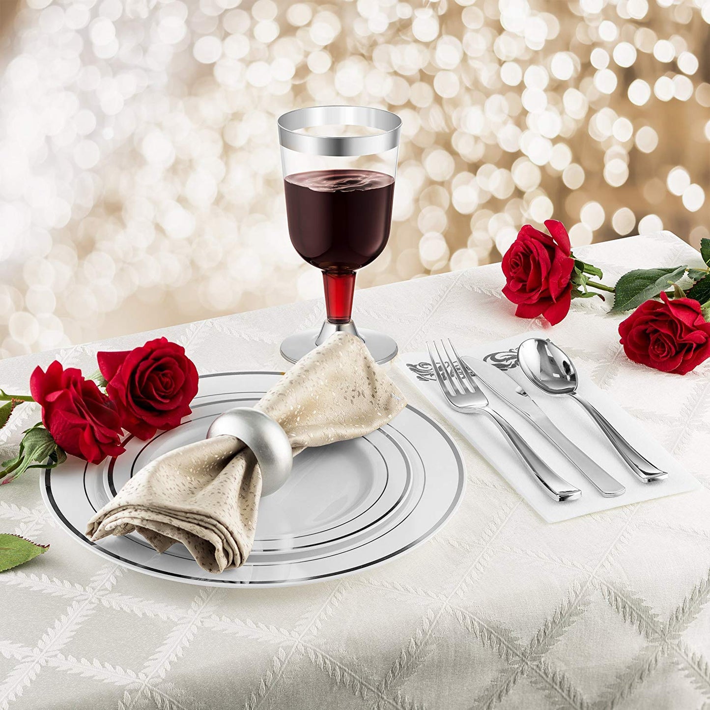 Silver Disposable Plates Set For 50 Guest - 450 Piece Silver Plastic Dinnerware Set - 100 Silver Rimmed Plastic Plates, 50 Silver Rimmed Plastic Cups