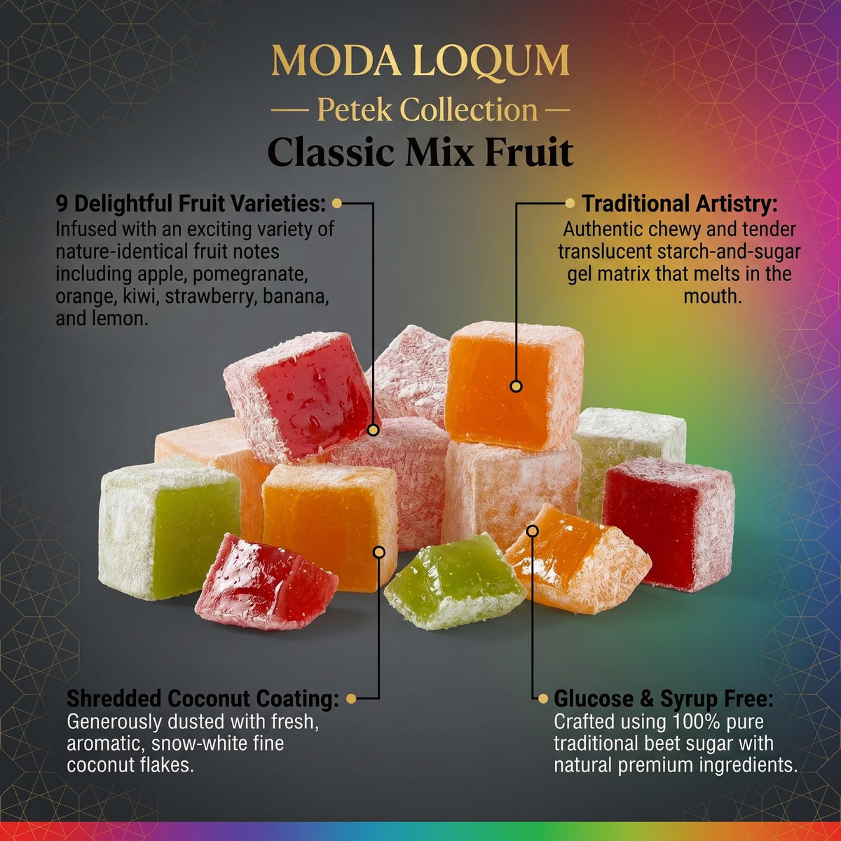 Turkish Delight Candy (Lokum) - Gourmet Chewy Candy, Premium Gift Box - Honeycomb Packaging, 7.05 oz (200g), Middle Eastern Sweets (Mixed-Fruit)
