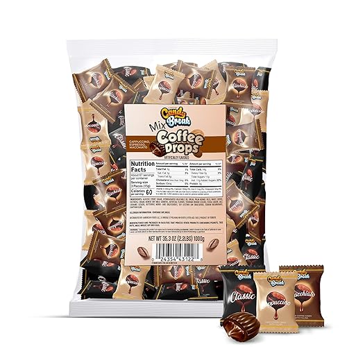 Candy Break Coffee Drops, Center-Filled Hard Candy | Espresso, Macchiato & Cappuccino Flavors | Individually Wrapped Caffeinated Candy | 2.2 lb Bulk