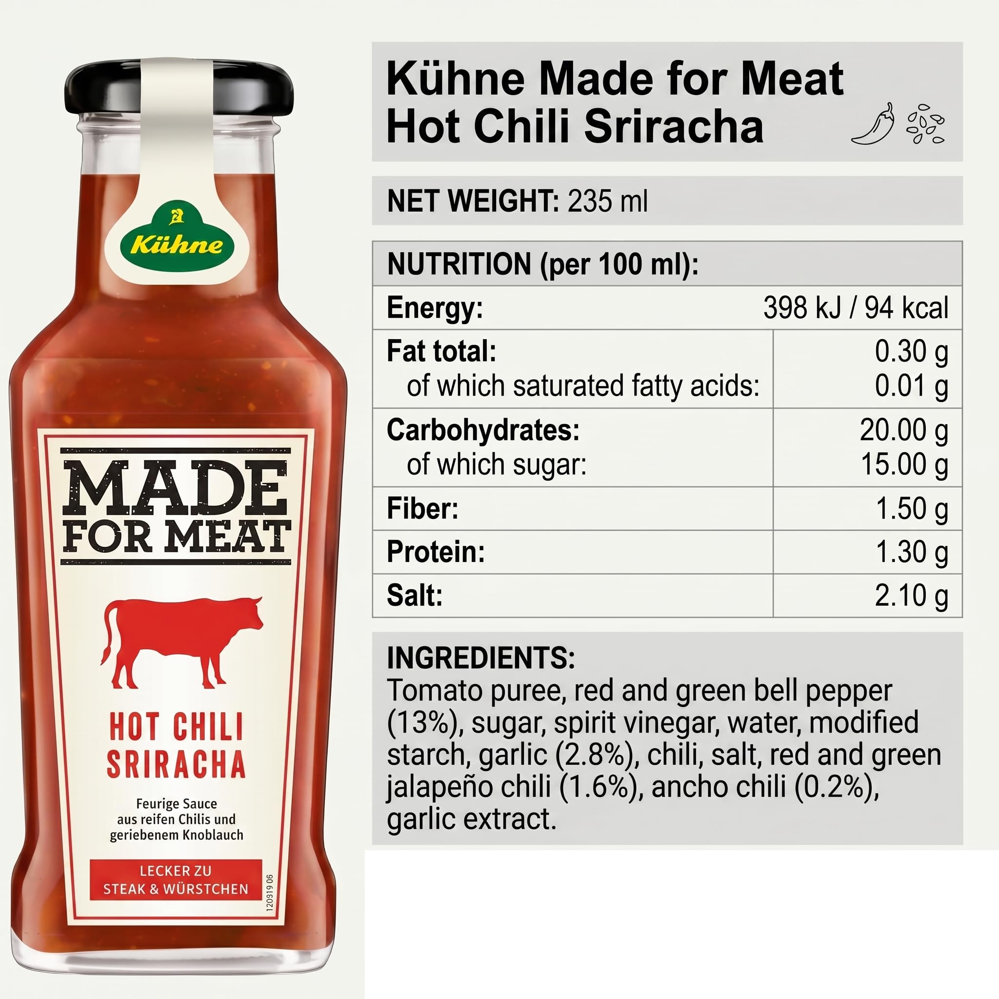 Kuhne Hot Chili Sriracha, 8oz Bottle, Hot Sauce with Jalapeno Chillies and Garlic, Add a Kick to Meat, Chicken, Fish and Stir Fries