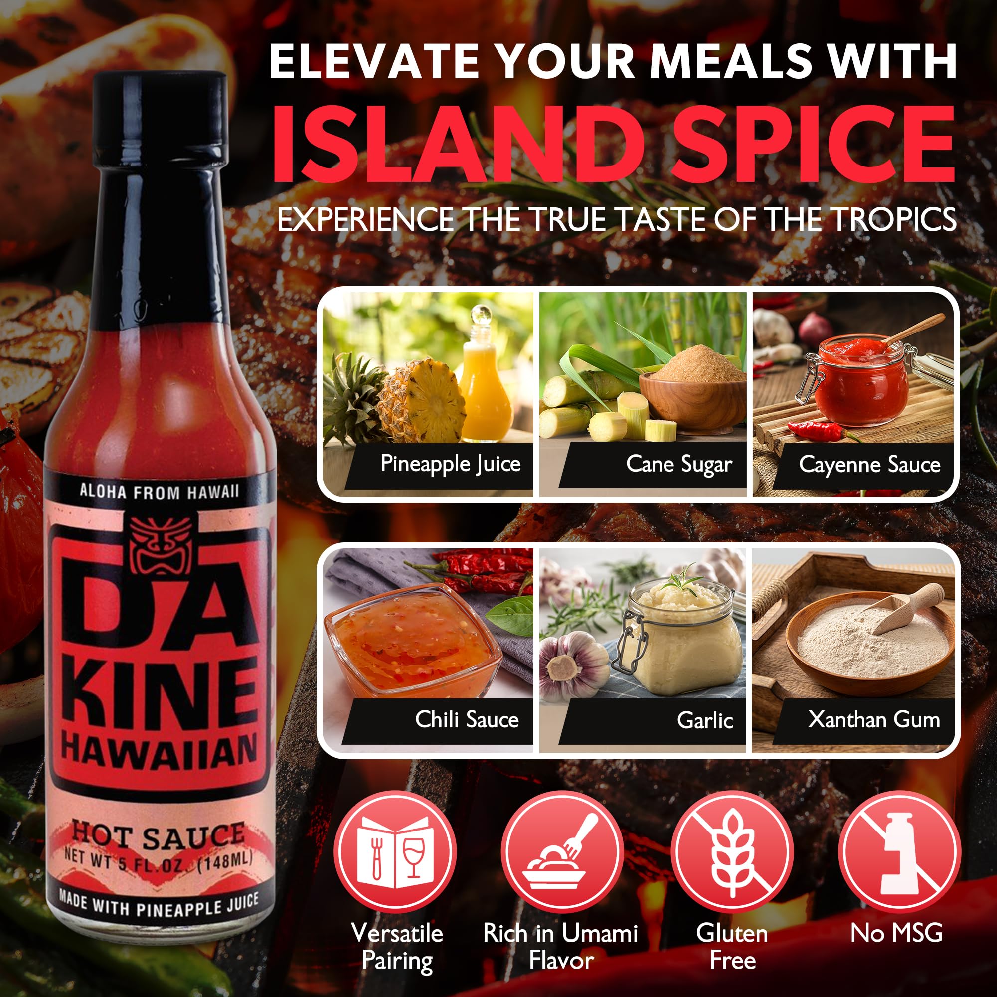 Da Kine Hawaiian Hot Sauce - Mild Cayenne Hot Sauce Made with Pineapple Juice - Hot Sauce for Dipping, Drizzling, Marinades & Everyday Cooking