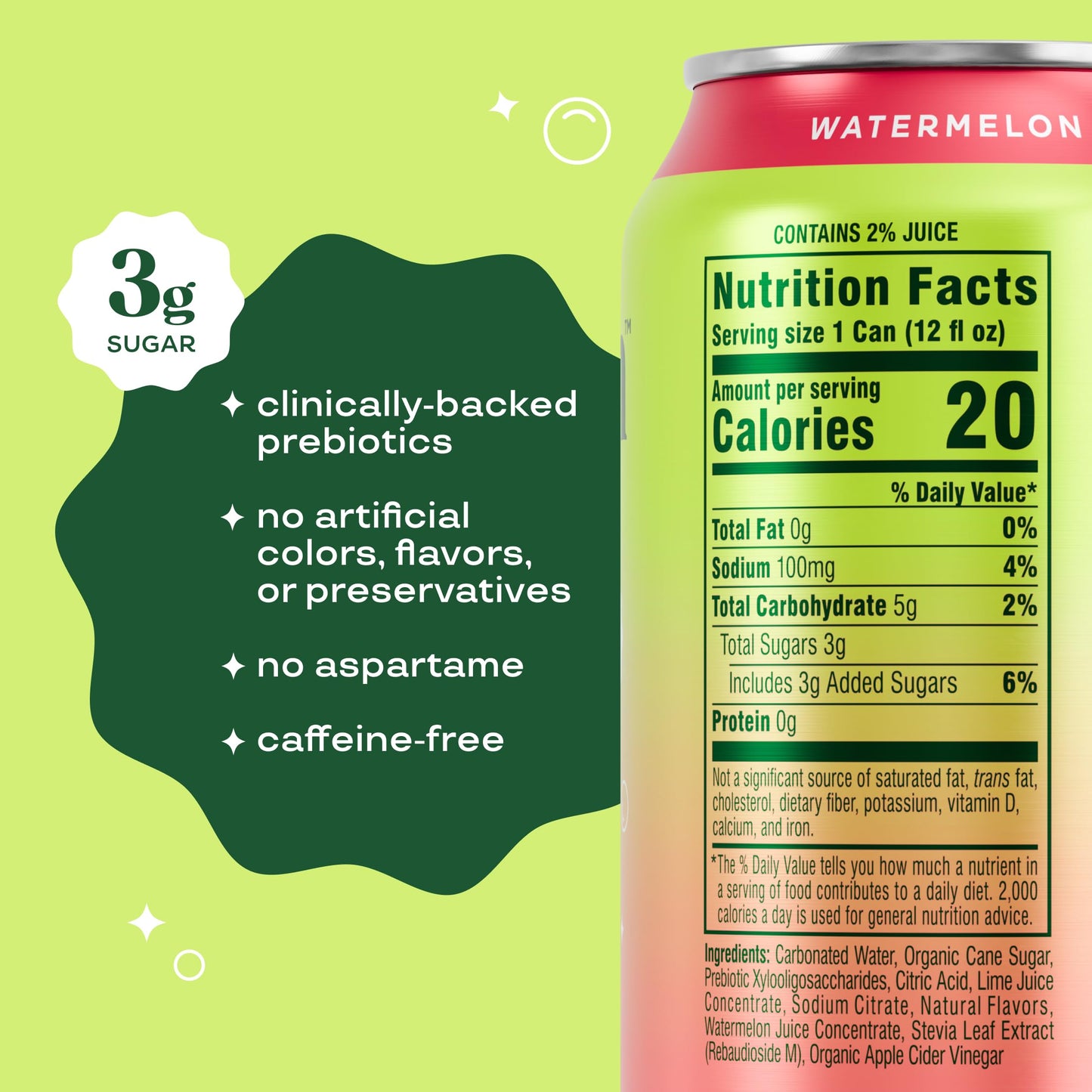 Bloom Pop Prebiotic Soda 12 Pack, Watermelon Lime Flavor, 12oz Cans | Prebiotic Soda for Gut Health, Low Calorie Soda, No Caffeine, Healthy Soft Drink