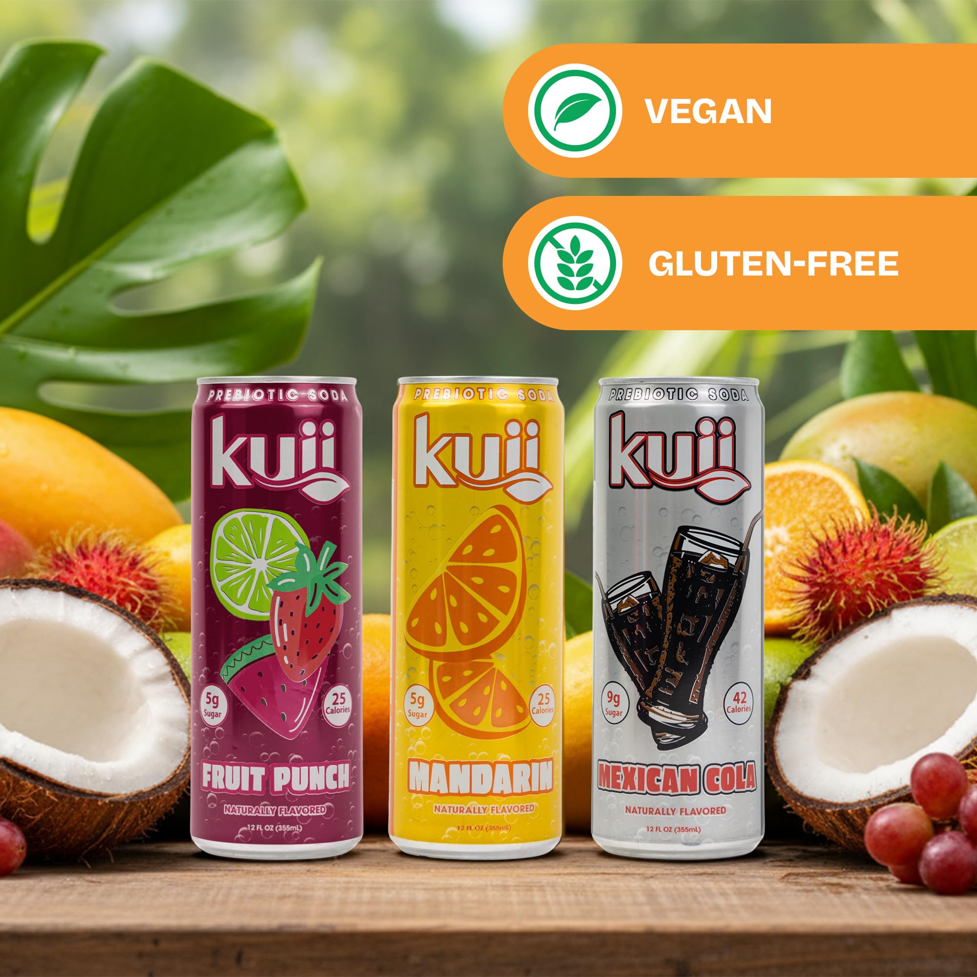 Kuii Prebiotic Soda Variety Pack - 12 Count with Mexican Cola, Mandarin & Fruit Punch Flavors - Sparkling Gut-Friendly Drinks for Refreshing