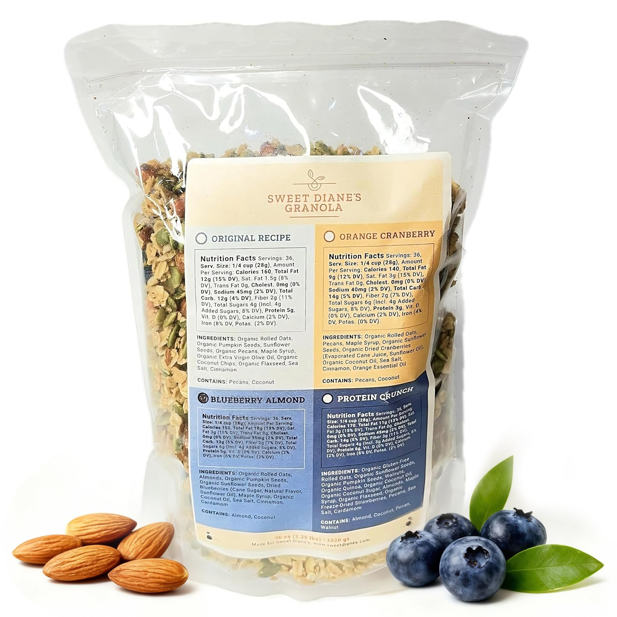 Sweet Diane’s Granola - Family Size (36 oz) Blueberry Almond Organic Granola, Low-Sugar, High-Fiber, Gluten-Free, Vegan, Delicious Breakfast and Snack