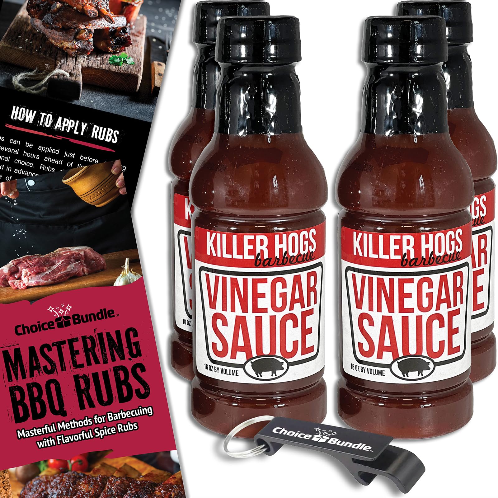 Killer Hogs Vinegar Sauce BBQ 4 pk (64 oz) Great to Dip Toss Glaze & More + Barbecue Masters & Bottle Opener (6 Items)!