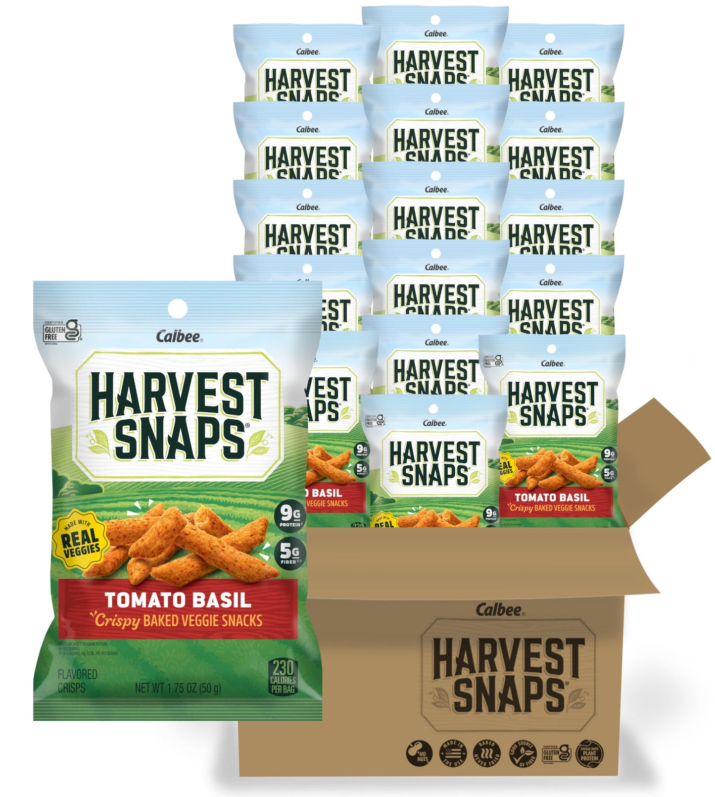 Harvest Snaps Snack Crisps | Tomato Basil, 1.75 Oz. Bag, 16-Pack | Powered by Plant Protein, Gluten Free, Non-GMO Baked Vegetable Crisps | Made in USA
