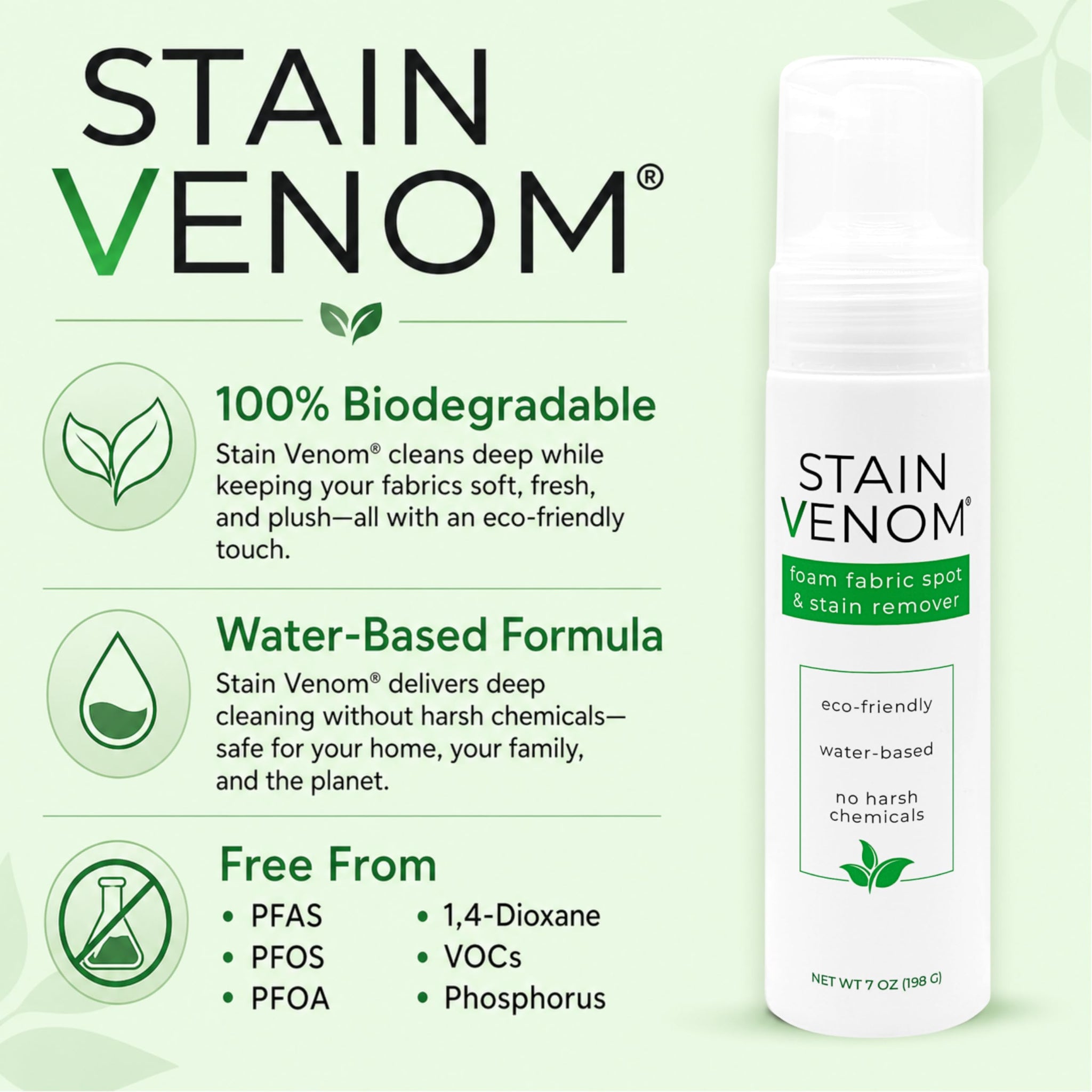 Stain Venom Foam Multi-Use Laundry and Fabric Stain Remover - 7 oz Bottle - Free From PFAAS, PFOS, PFOA, VOC’s, And 1,4 Dioxane- Works On Fresh Pet