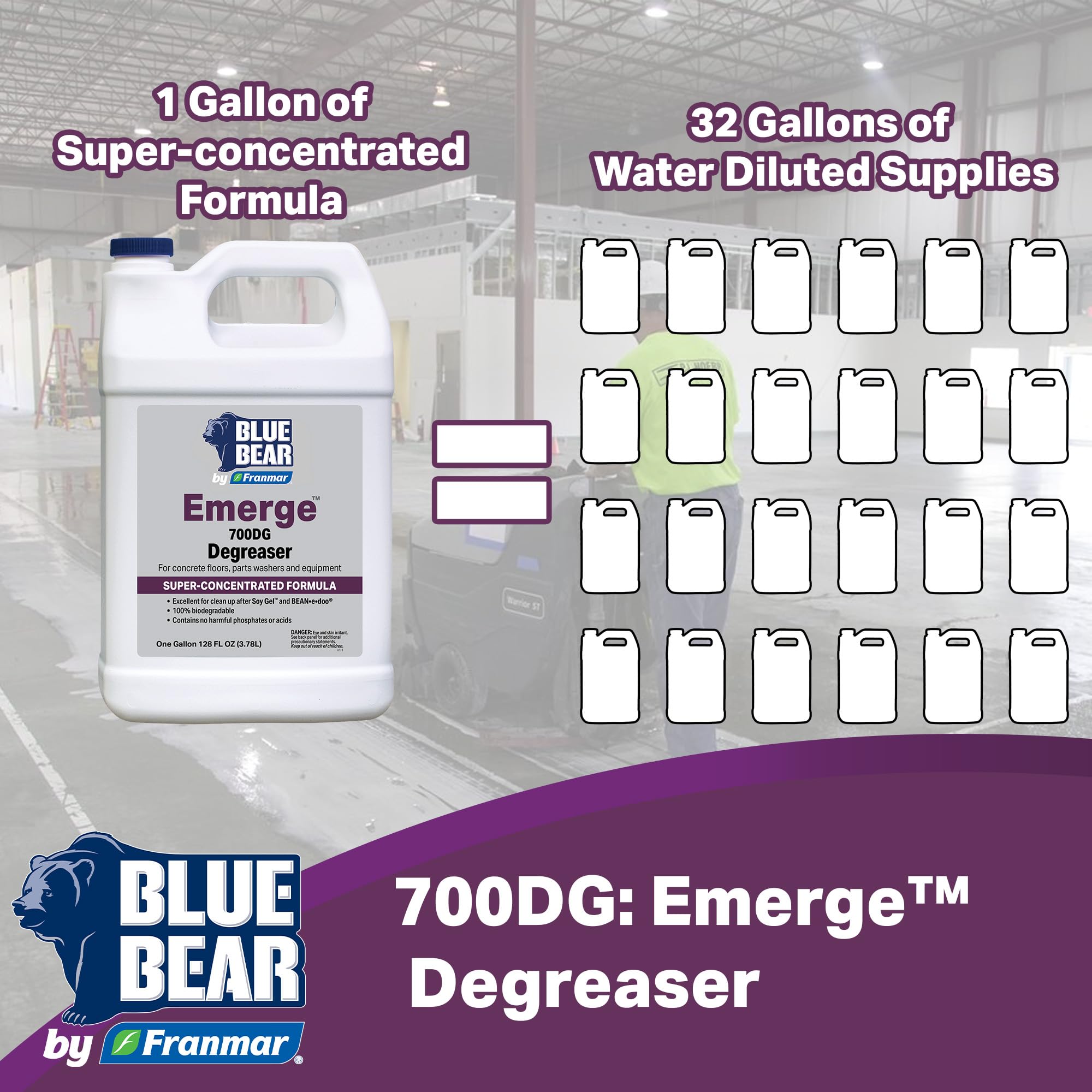 BLUE BEAR 700DG Emerge Degreaser Low-Odor, Biodegradable Cleaner Removes Oil, Grease, Dirt & Grime from Concrete, Tile, Wood, Stone & Tools Safe