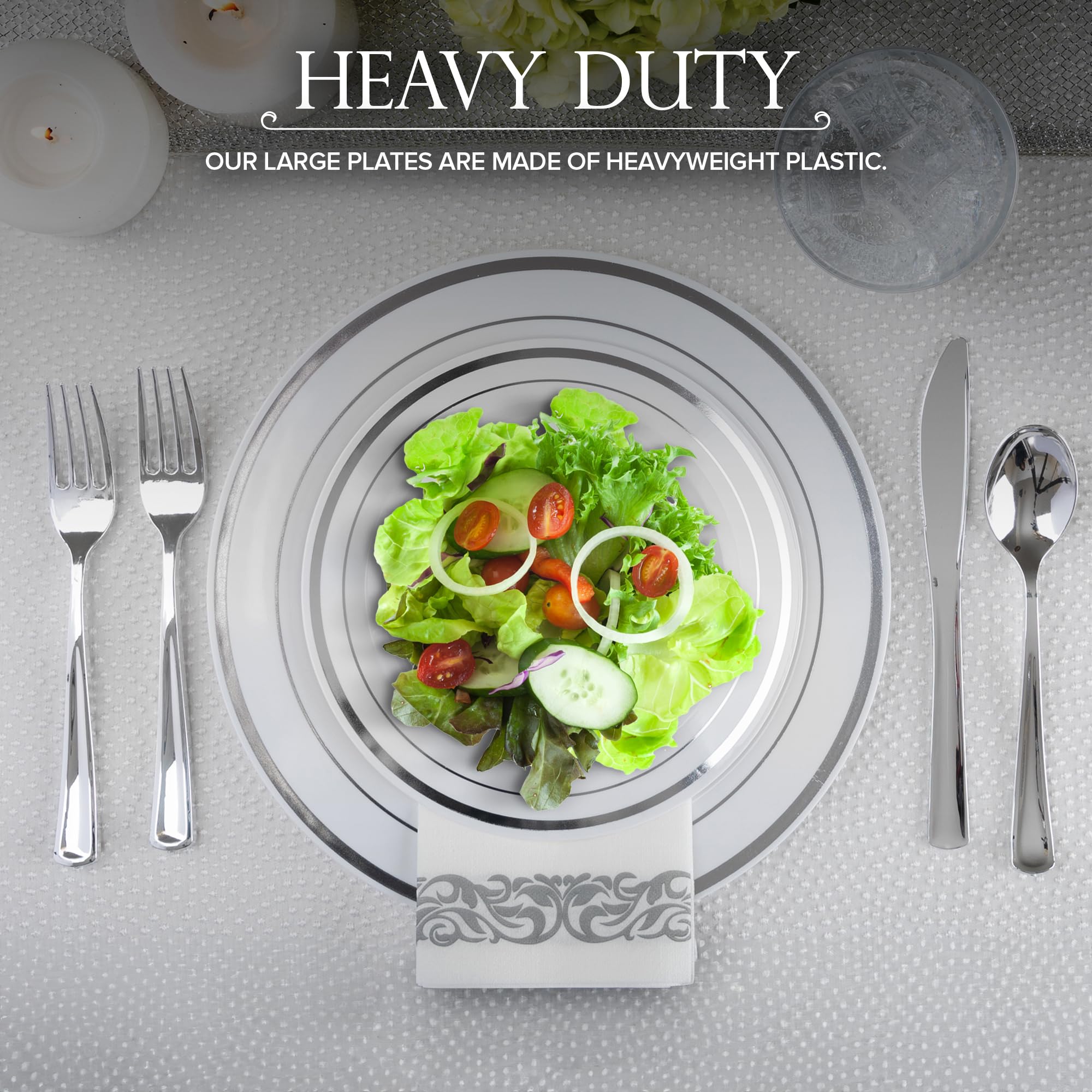 Dinner and Dessert Plates Set Disposable - 200 Pieces (10" + 7") Elegant White and Silver Plastic Plates for Party and Wedding - Heavy Duty