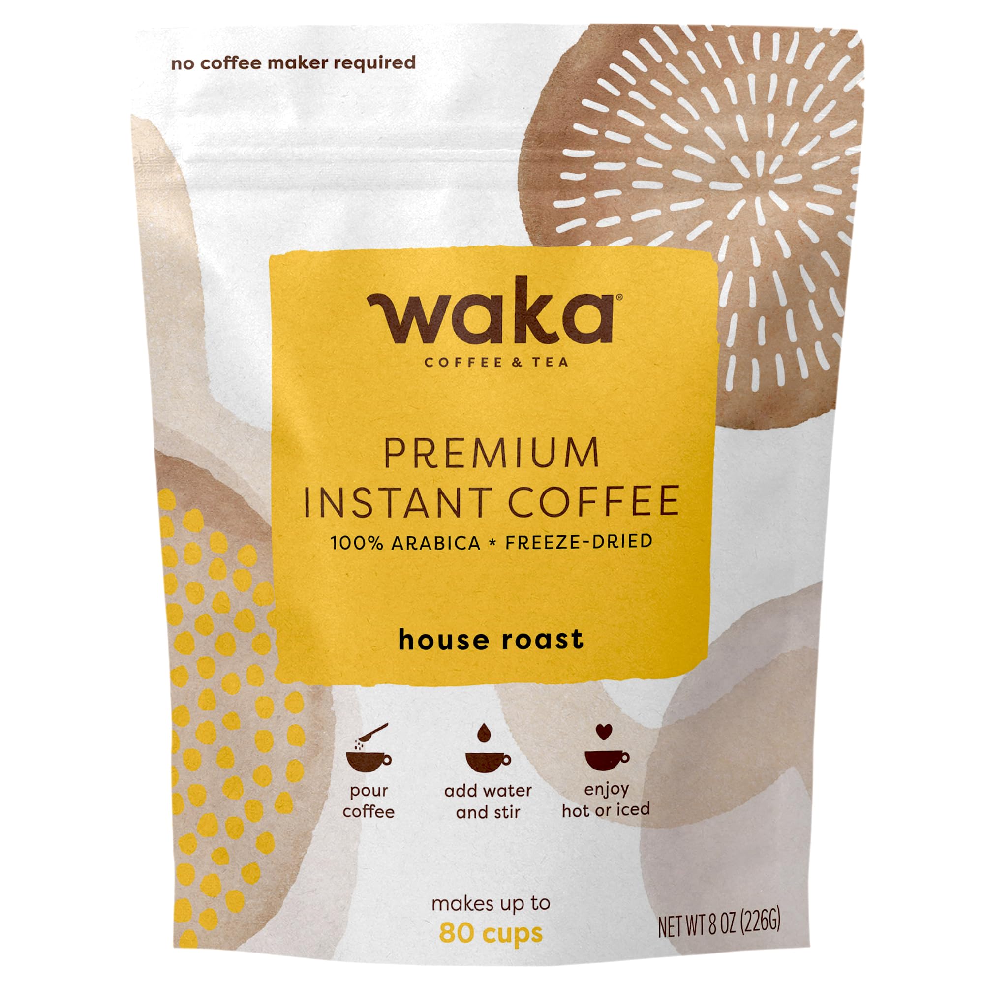 Waka Premium Instant Coffee Pouches - 100% Arabica Freeze Dried Beans - For Hot or Iced Coffee (8 Ounces, House Roast)