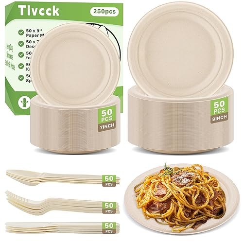 Tivcck 250 PCS Compostable Paper Plates Set,Compostable Plates Sugarcane Utensils,Disposable Dinnerware Set,Include Biodegradable Plates,Extra Long