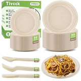 Tivcck 250 PCS Compostable Paper Plates Set,Compostable Plates Sugarcane Utensils,Disposable Dinnerware Set,Include Biodegradable Plates,Extra Long