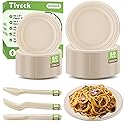 Tivcck 250 PCS Compostable Paper Plates Set,Compostable Plates Sugarcane Utensils,Disposable Dinnerware Set,Include Biodegradable Plates,Extra Long