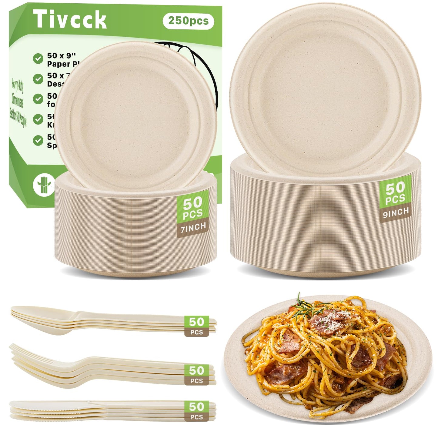 Tivcck 250 PCS Compostable Paper Plates Set,Compostable Plates Sugarcane Utensils,Disposable Dinnerware Set,Include Biodegradable Plates,Extra Long