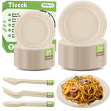 Tivcck 250 PCS Compostable Paper Plates Set,Compostable Plates Sugarcane Utensils,Disposable Dinnerware Set,Include Biodegradable Plates,Extra Long