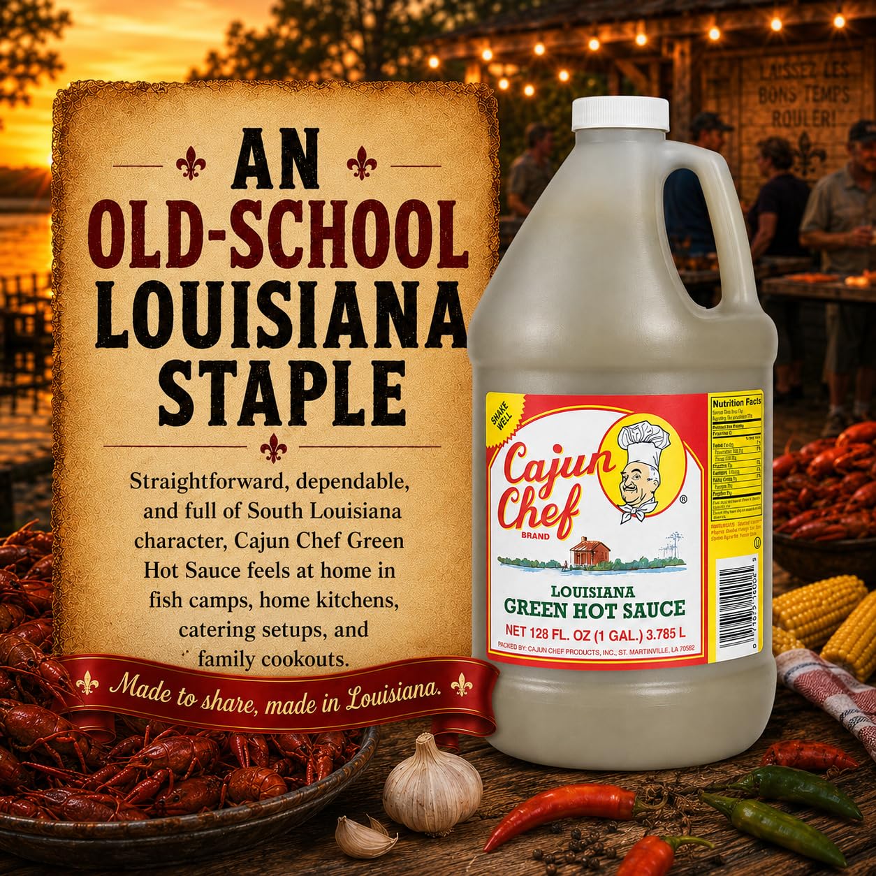 Cajun Chef Green Louisiana Hot Sauce 128 oz, 1 Gallon Mild Green Cayenne Pepper Sauce Made with Louisiana Peppers, Cajun Style Hot Sauce for Gumbo