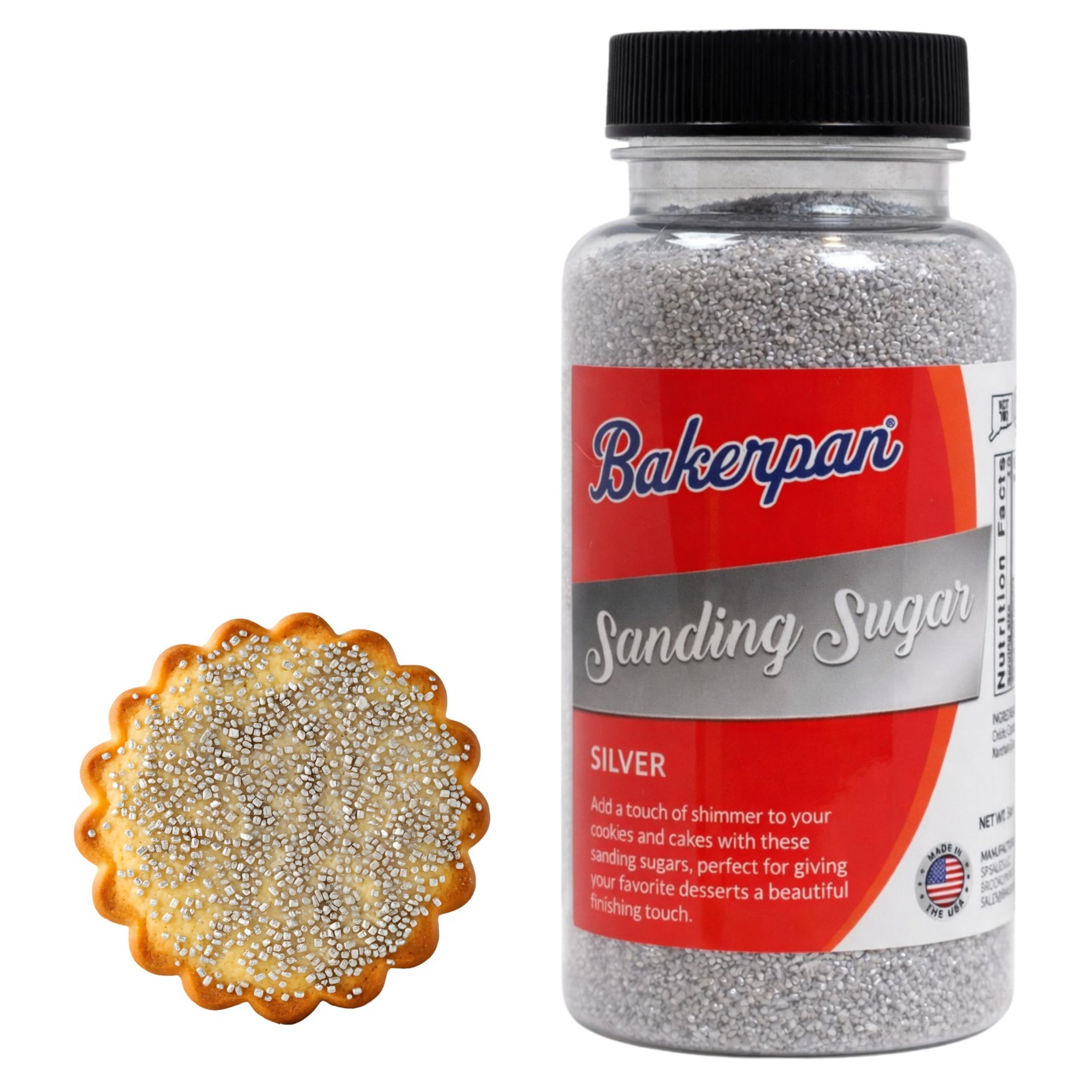 Bakerpan Silver Sanding Sugar for Baking & Cookie Decorating - 5 Ounce Edible Silver Sugar Sprinkles for Cookies, Cakes, Cocktails (Made In USA)