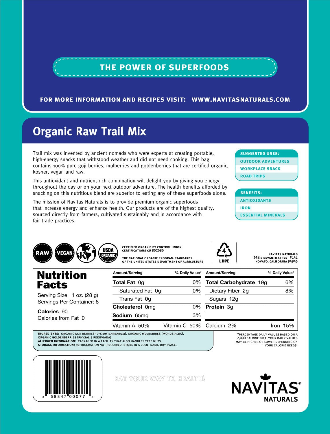 Navitas Naturals Organic Raw Trail Mix (Goji-Mulberry-Goldenberry), 8 Ounce Pouch, 8 Servings.