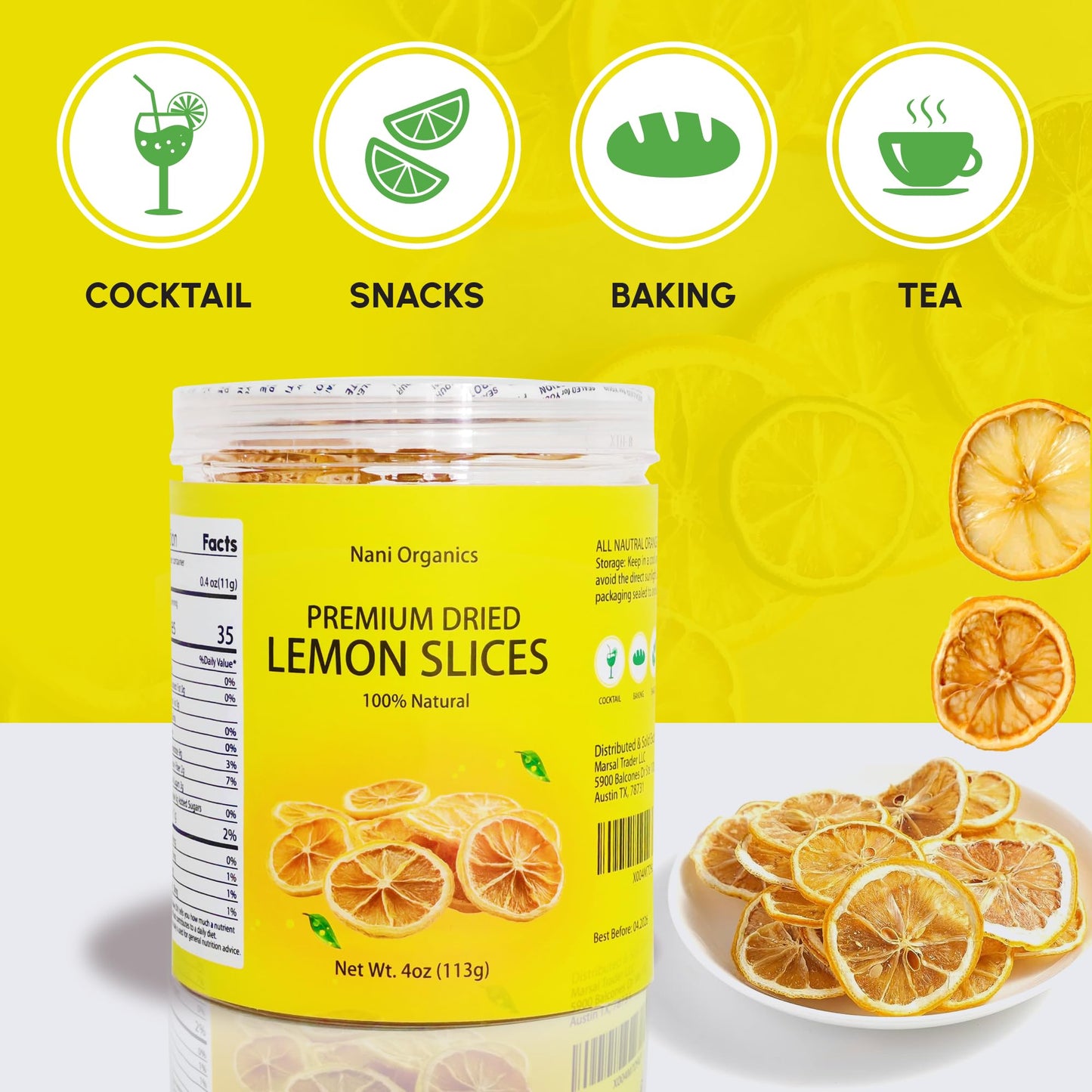 Premium Dried Lemon Slices 4oz (113g) - 100% Natural, Handpicked & Additive-Free | Dehydrated Lemon Slices for Cocktails, Teas, Baking, Decor & Crafts