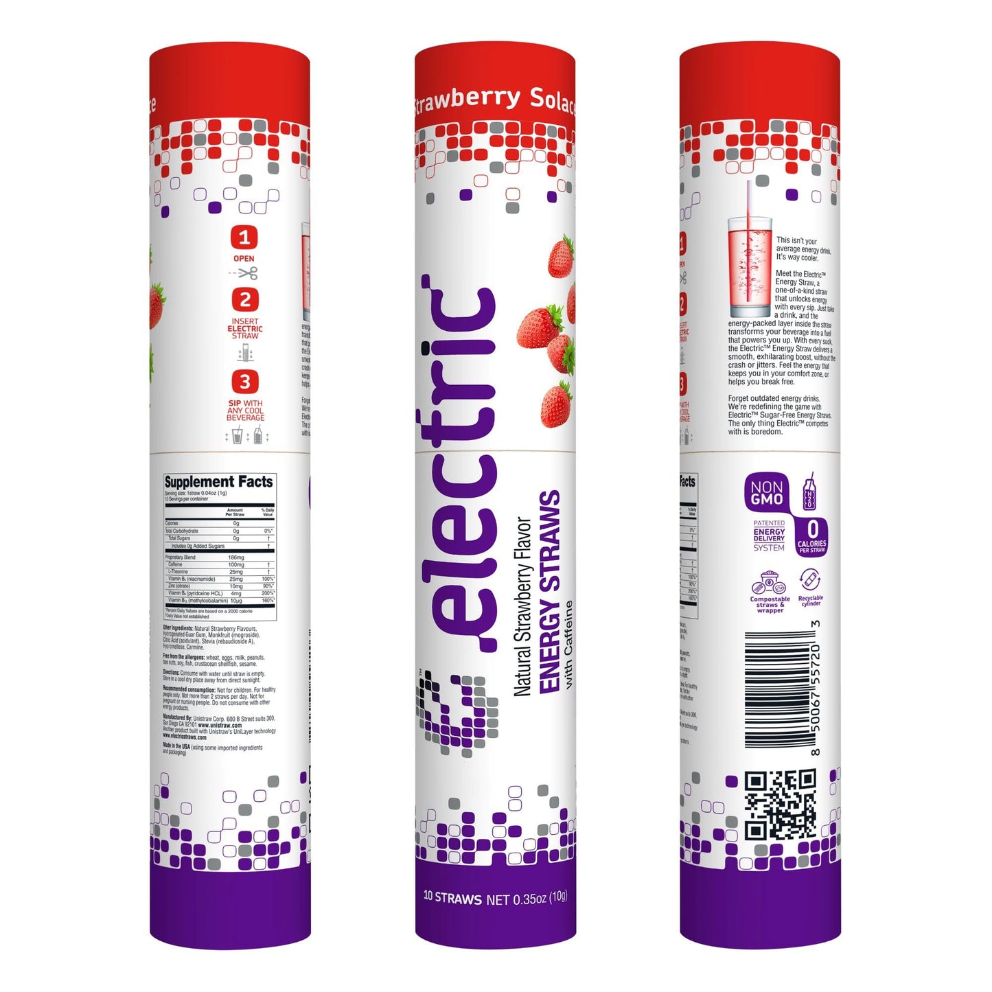 Electric Energy Drink Straws - Strawberry Solace 10 Straws - 100mg Caffeine, L-Theanine, B Vitamins - Zero Sugar, Zero Calories