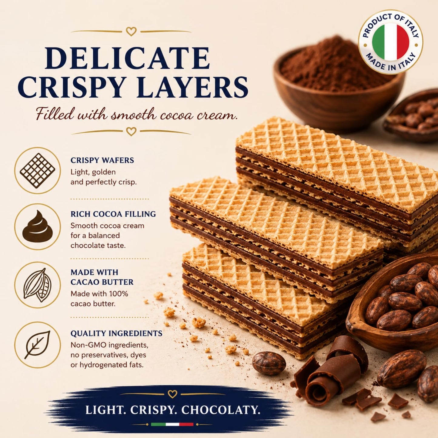Balocco Cocoa Wafer Cookies 6.1 Oz (175g) - Crispy Italian Wafer Cookies with 2 Layers of Cocoa Cream, Made with Pure Cacao Butter, Non-GMO, Product