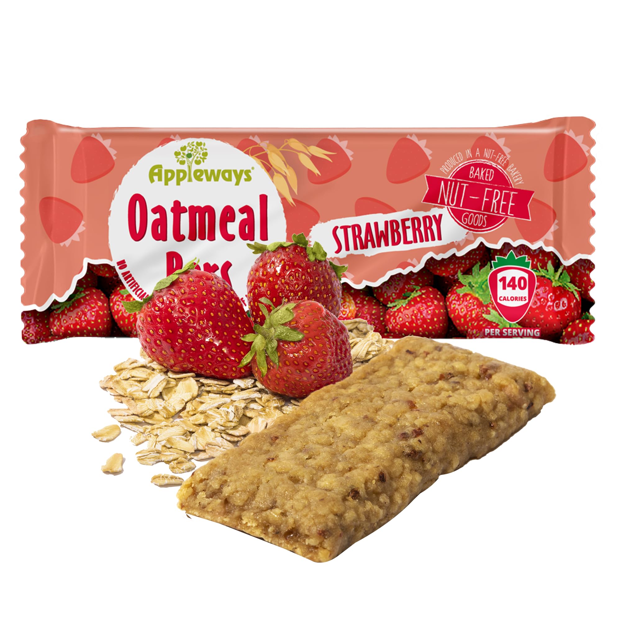 Appleways Strawberry Oatmeal Bars, 1.2 oz, 216 Count - Individually Wrapped, Whole Grain Soft Baked Oat Snack Bars, Healthy and Nut-Free Breakfast Bar