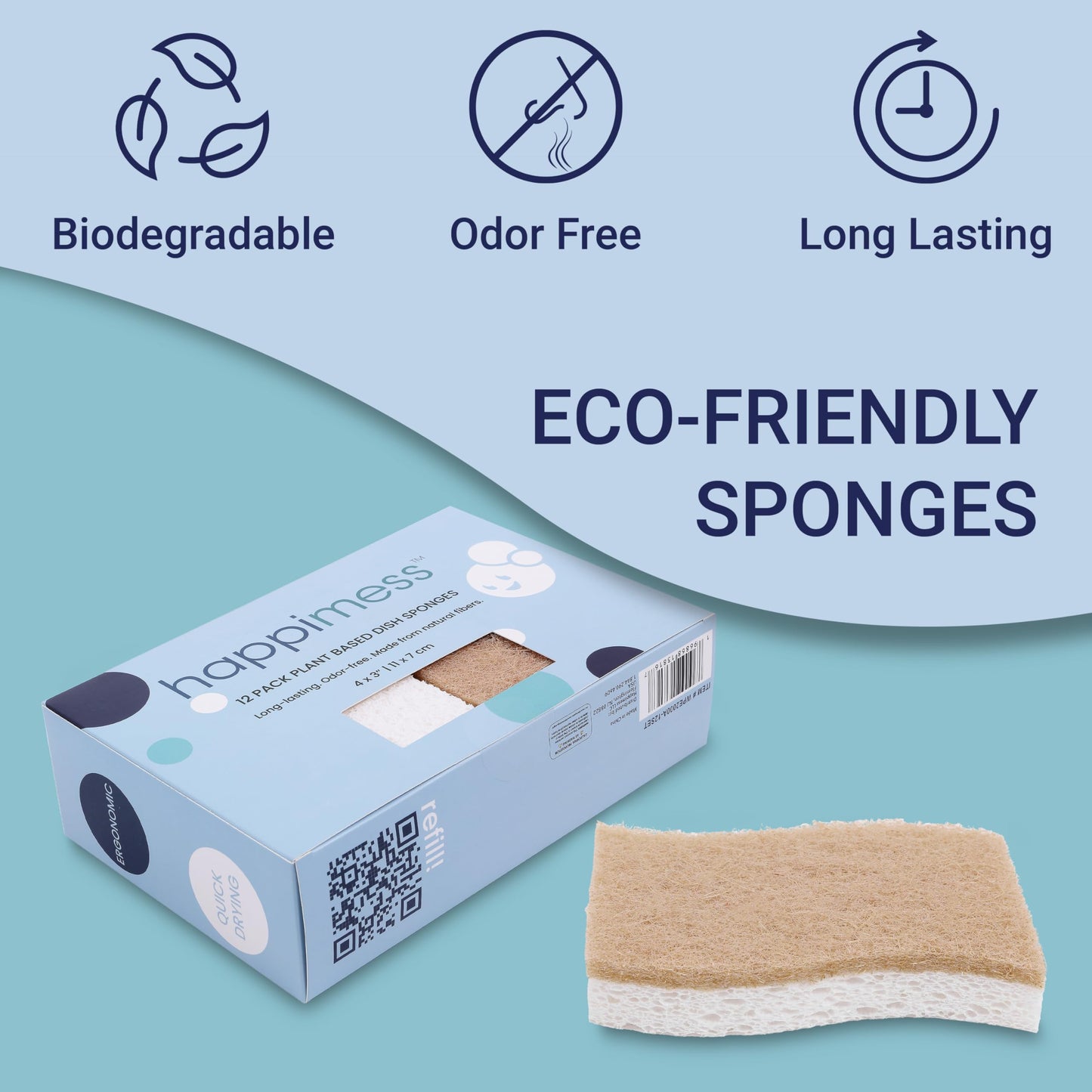happimess WPE2000A-12SET Natural Plant Based Non-Scratch Sisal Hemp/Cellulose Scrubbing Dish Sponge, Cleaning Sponge for Dishes, Bathroom, Household