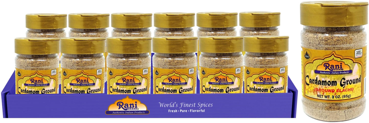 Rani Cardamom (Elachi) Ground, Powder Indian Spice 3oz (85g) PET Jar, Pack of 12 ~ All Natural | No Color Added | Gluten Friendly | Vegan | NON-GMO |