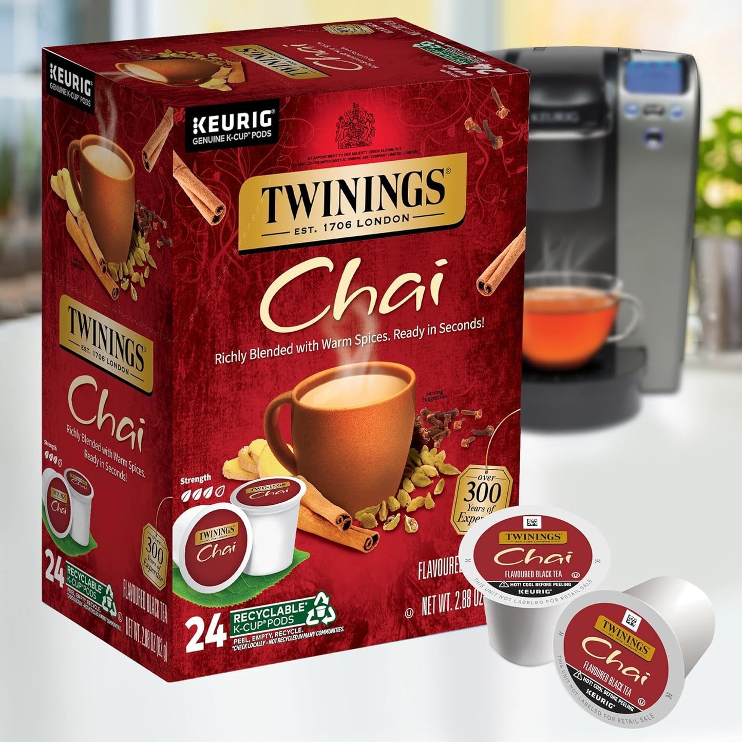 Twinings Chai Black Tea K-Cup Pods for Keurig, 24 Count (Pack of 2), Naturally Sweet and Savoury Spice Flavors, Caffeinated, Enjoy Hot or Iced