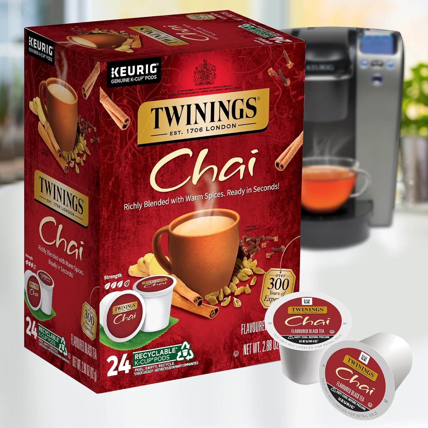 Twinings Chai Black Tea K-Cup Pods for Keurig Brewers, 72 Count - Bold & Spiced Blend with Cinnamon, Cardamom, Clove & Ginger - Caffeinated