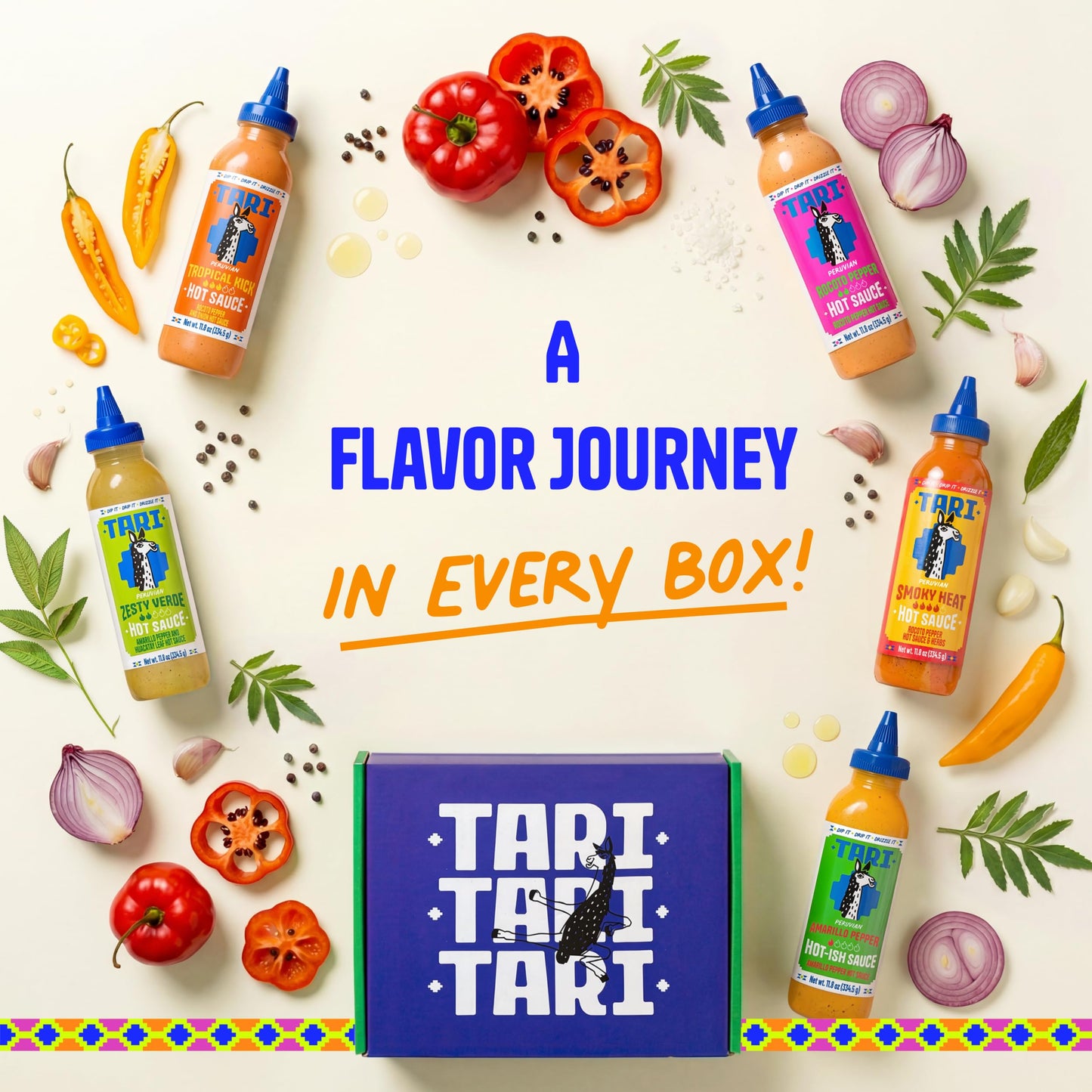 Tari Hot Sauce 5Pk Gift Box - Aji Rocoto, Aji Amarillo, Zesty Verde, Smoky Heat & Tropical Kick - 11.8oz each (5ct)