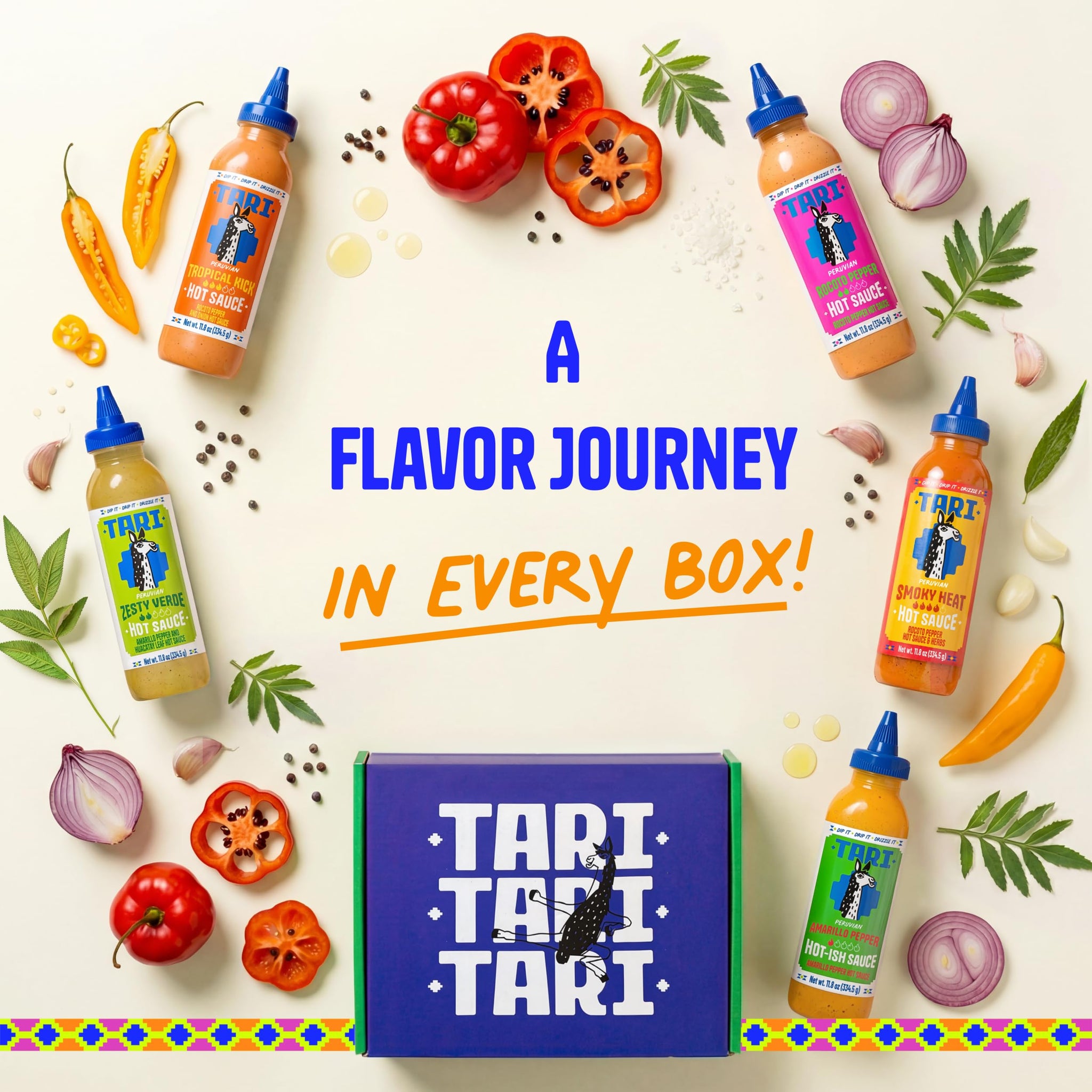 Tari Hot Sauce 5Pk Gift Box - Aji Rocoto, Aji Amarillo, Zesty Verde, Smoky Heat & Tropical Kick - 11.8oz each (5ct)