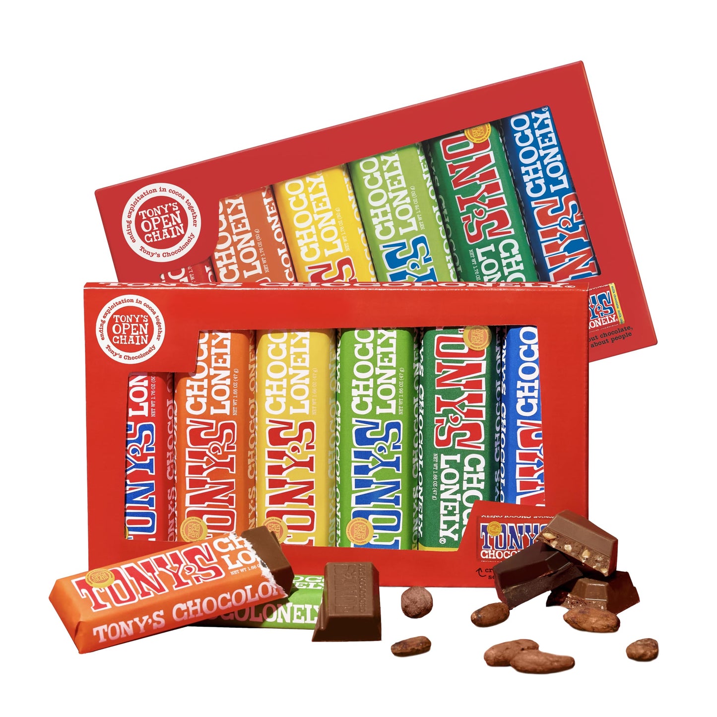 Tony’s Chocolonely Rainbow Chocolate Candy Bar Variety Pack, Belgian Dark & Milk Chocolate With Sea Salt, Caramel, Almond, Hazelnut, & Nougat, Made