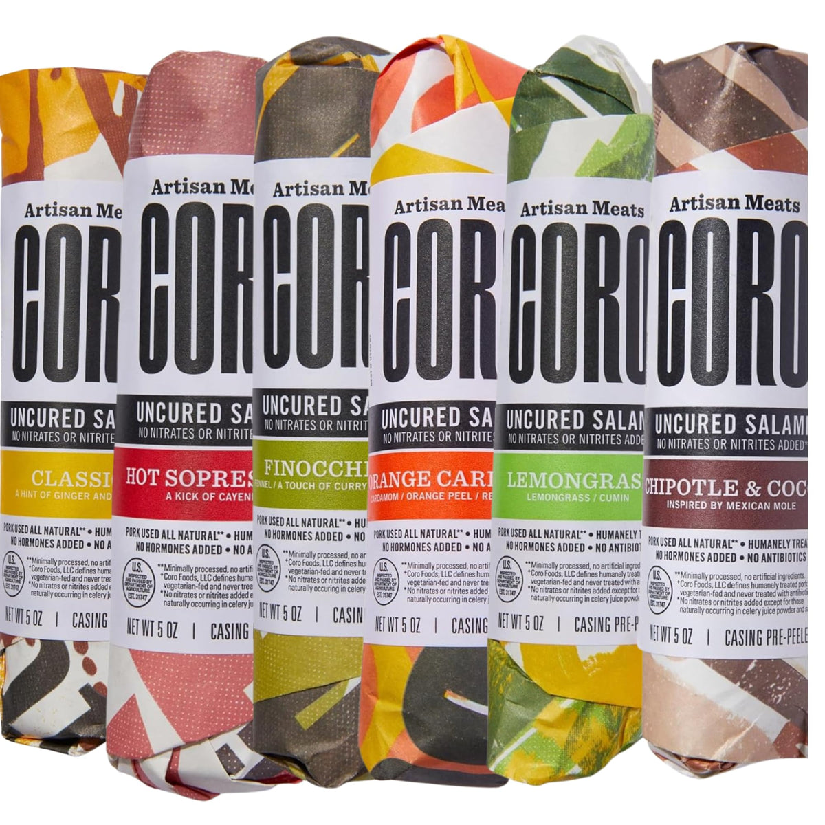 Coro Uncured Artisan Salami Stick Variety Pack - 6 Flavors (5oz Each)