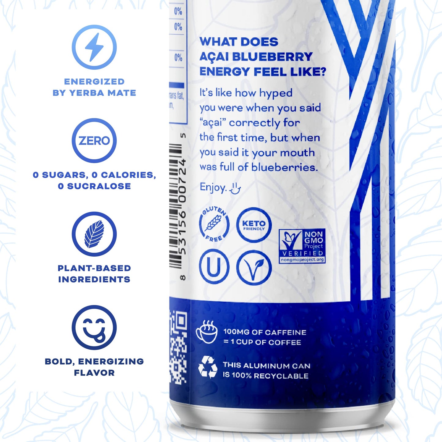 Yerbaé Energy Seltzer - Acai Blueberry, No Sugar/Calories/Carbs. Energized by Yerba Mate, Naturally Caffeinated, Plant-Based, Healthy Alternative