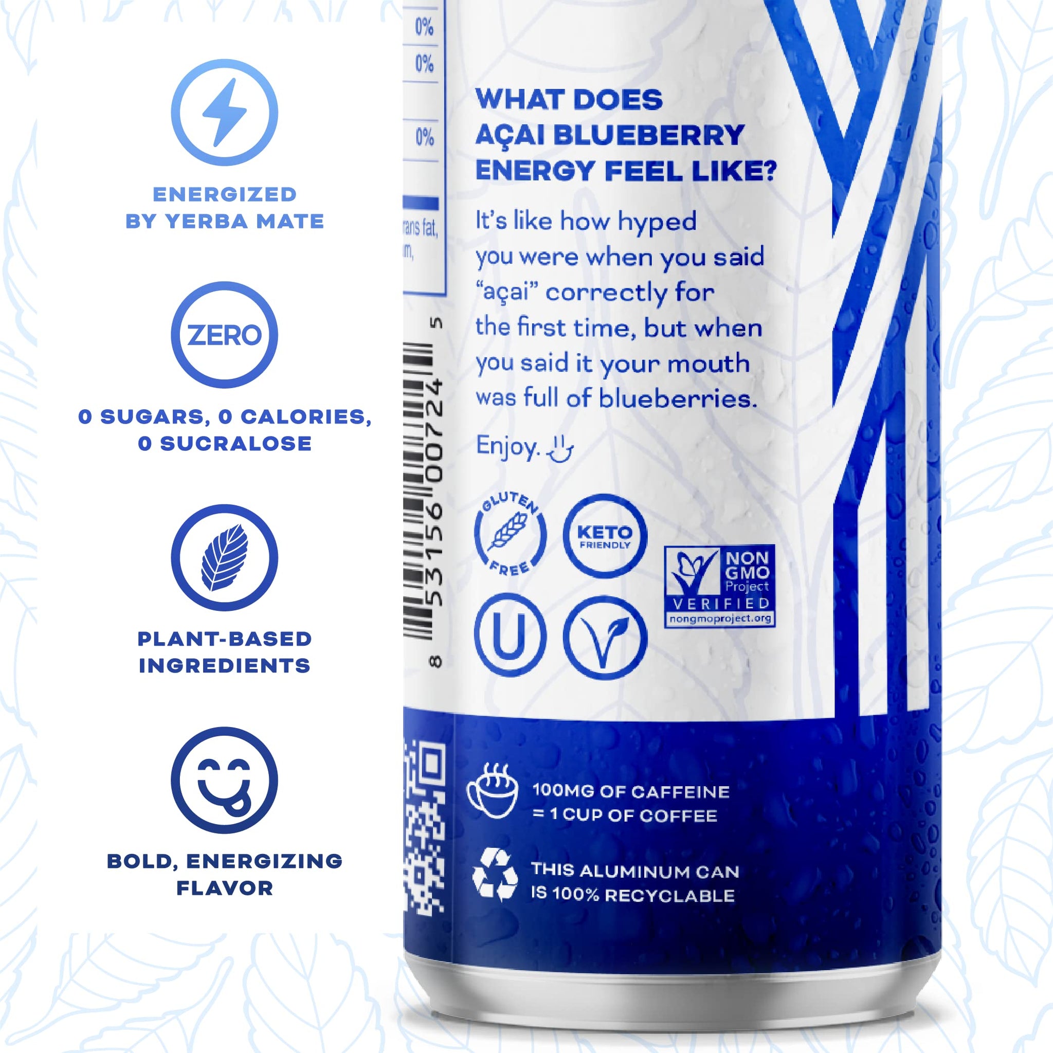 Yerbaé Energy Seltzer - Acai Blueberry, No Sugar/Calories/Carbs. Energized by Yerba Mate, Naturally Caffeinated, Plant-Based, Healthy Alternative