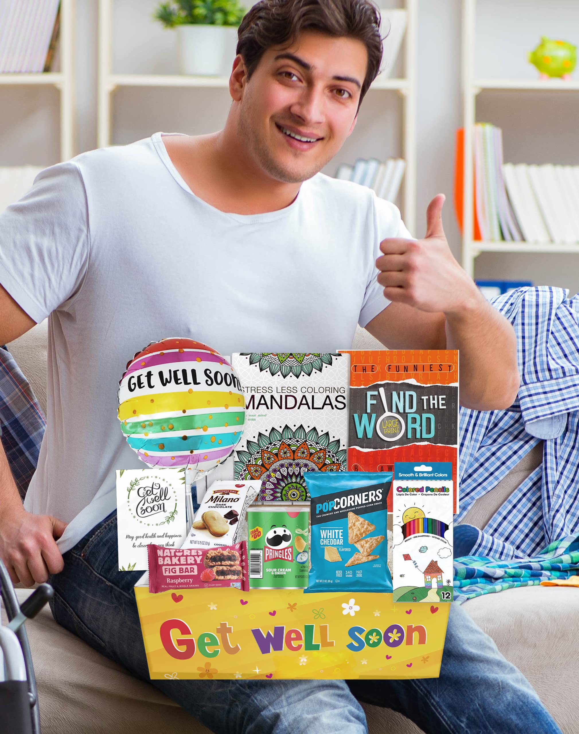 GET WELL GIFT Basket, package for Adults or kids Men, women, boy or girl Care package, Feel better soon for home or hospital, after surgery w/Balloon