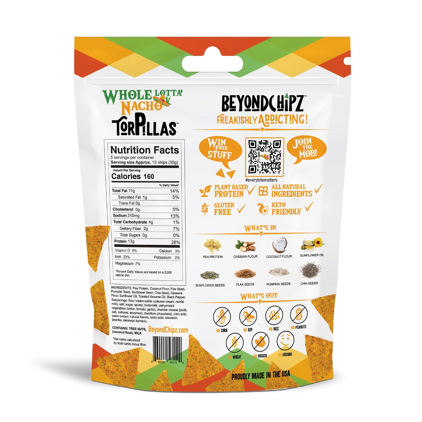 BeyondChipz Low Carb Tortilla Chips, Whole Lotta' Nacho, Keto Friendly, Gluten Free, 5.3oz Pouch, Pack of 4