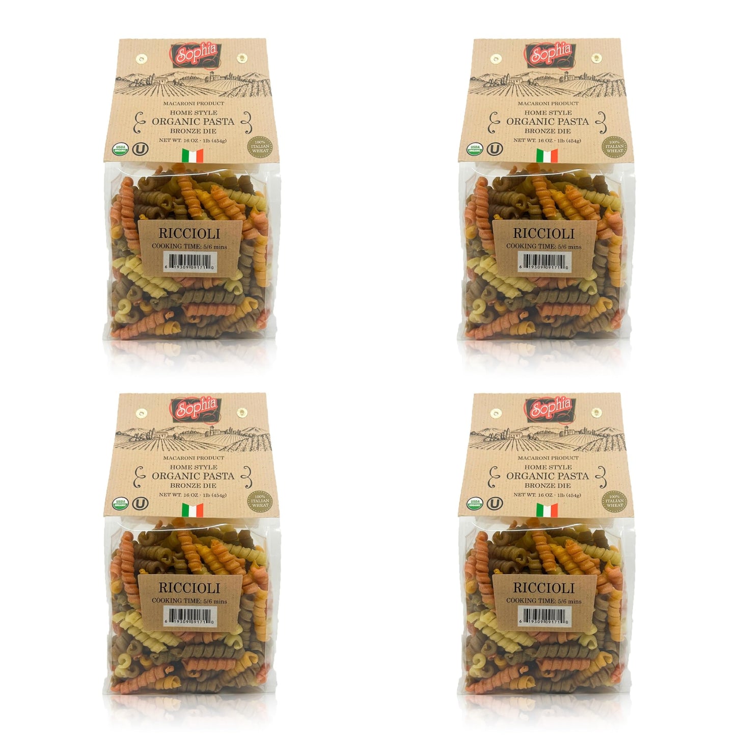 Sophia Foods Four-Color Bronze Dye Riccioli Pasta, 1lb Bag (4-Pack) - Organic, Artisanal, and Made in Italy