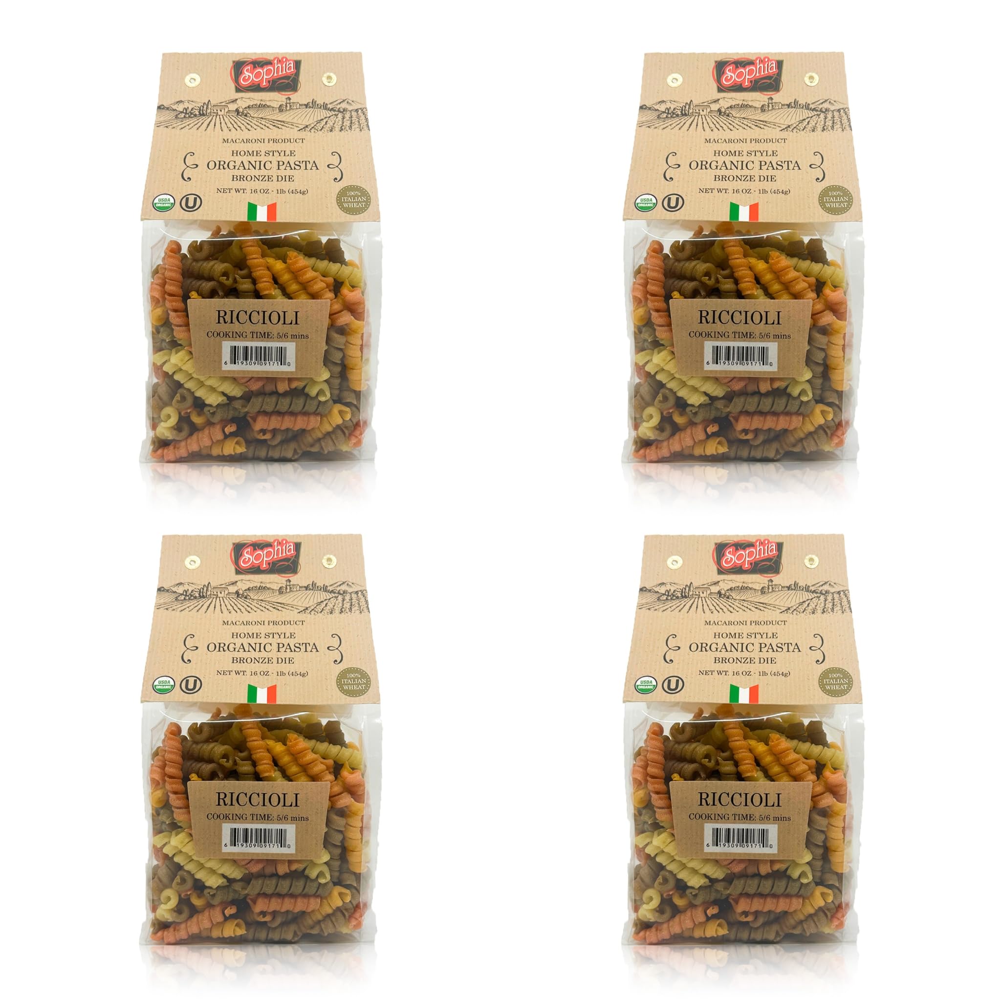 Sophia Foods Four-Color Bronze Dye Riccioli Pasta, 1lb Bag (4-Pack) - Organic, Artisanal, and Made in Italy